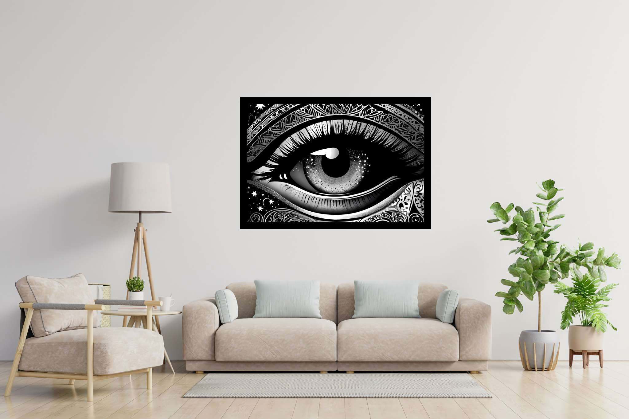 Stargazer's glimpse: Star-filled eye art with star-filled eye designs, in a room with classic elegance, gallery-quality artwork, and interior decorations. The art can be printed on poster, framed poster, canvas, metal, acrylic or wood, exclusively at WallArtZen. Find this exact print at https://wallartzen.com/waz183