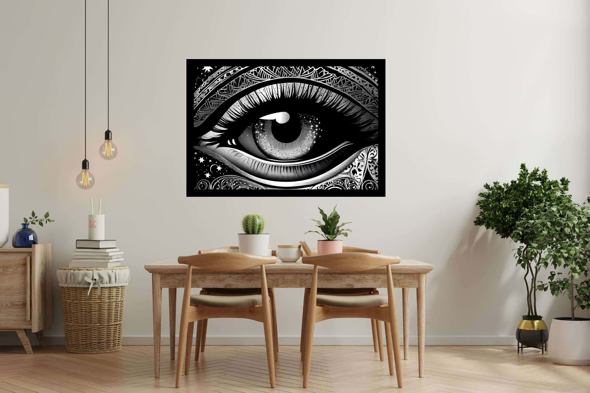 Stargazer's glimpse: Star-filled eye art with cosmic eye paintings, in a room with classic elegance, wall hangings, and elegant home goods. The art can be printed on poster, framed poster, canvas, metal, acrylic or wood, exclusively at WallArtZen. Find this exact print at https://wallartzen.com/waz183