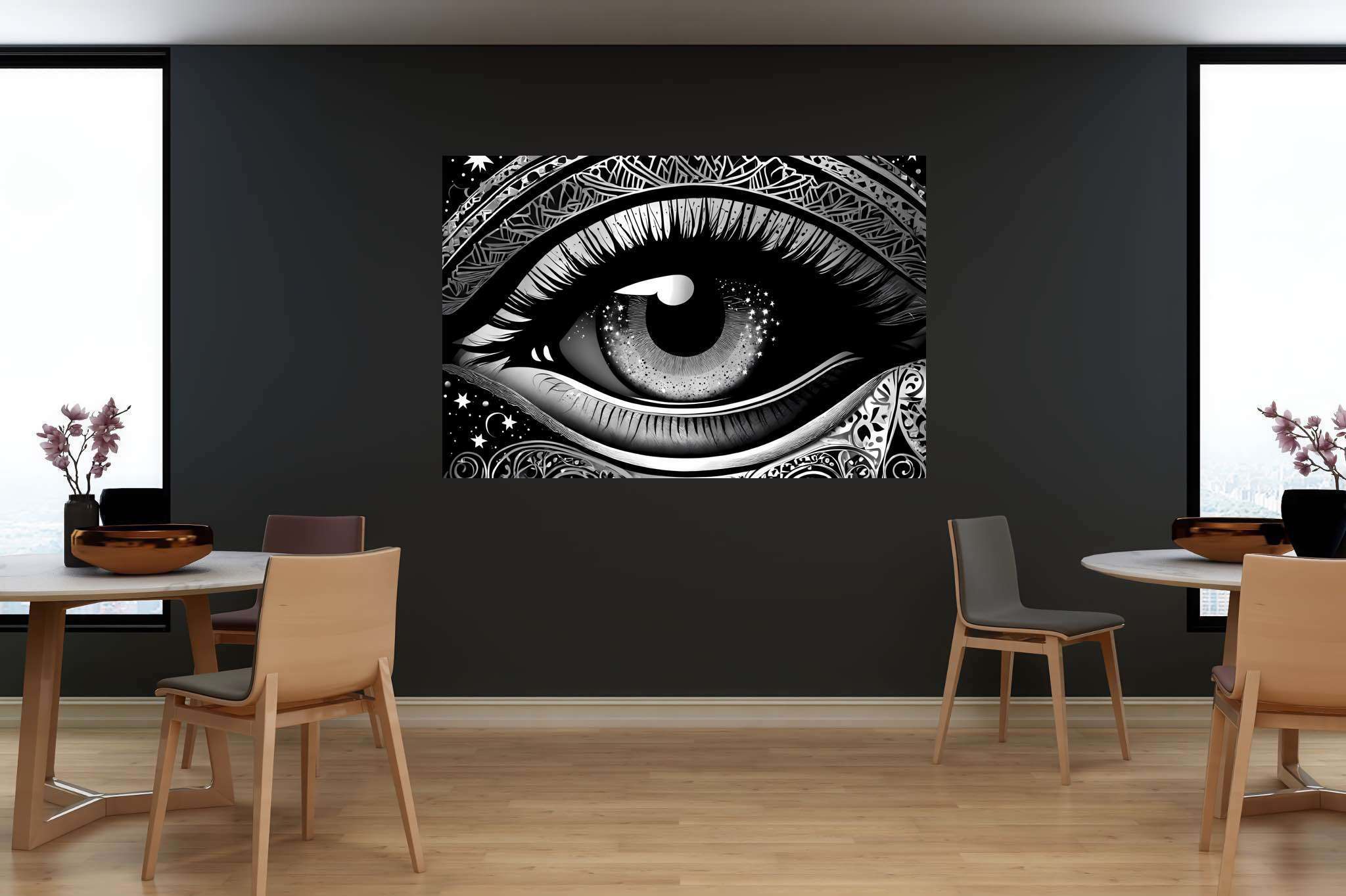 Stargazer's glimpse: Star-filled eye art with cosmic eye paintings, in a room with elegant layout, framed art, and home styling items. The art can be printed on poster, framed poster, canvas, metal, acrylic or wood, exclusively at WallArtZen. Find this exact print at https://wallartzen.com/waz183