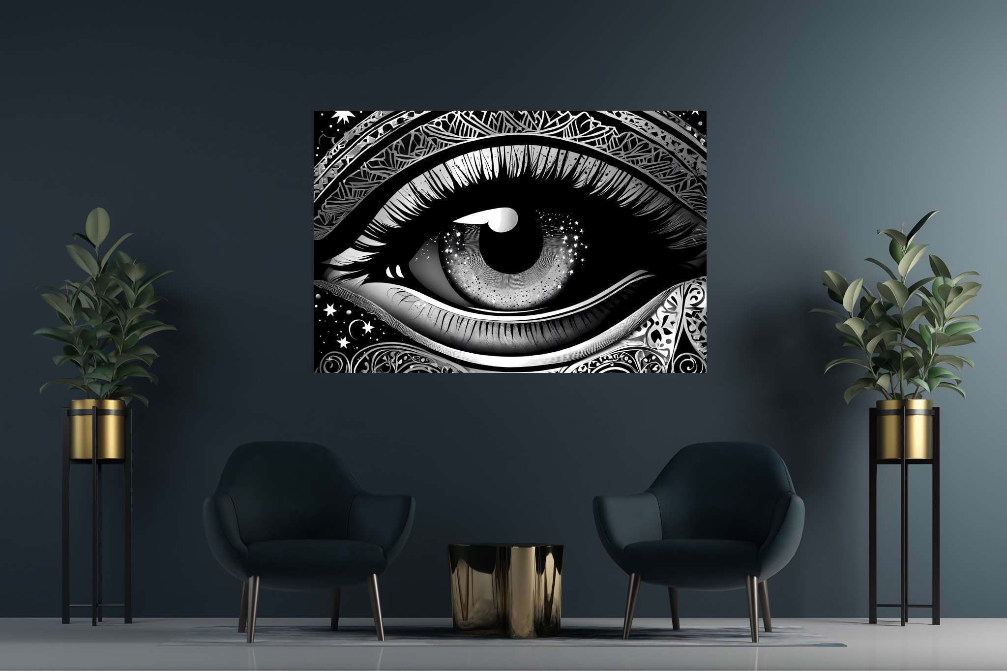 Stargazer's glimpse: Star-filled eye art with mystical eye creations, in a room with modern style, fine art prints, and home styling items. The art can be printed on poster, framed poster, canvas, metal, acrylic or wood, exclusively at WallArtZen. Find this exact print at https://wallartzen.com/waz183
