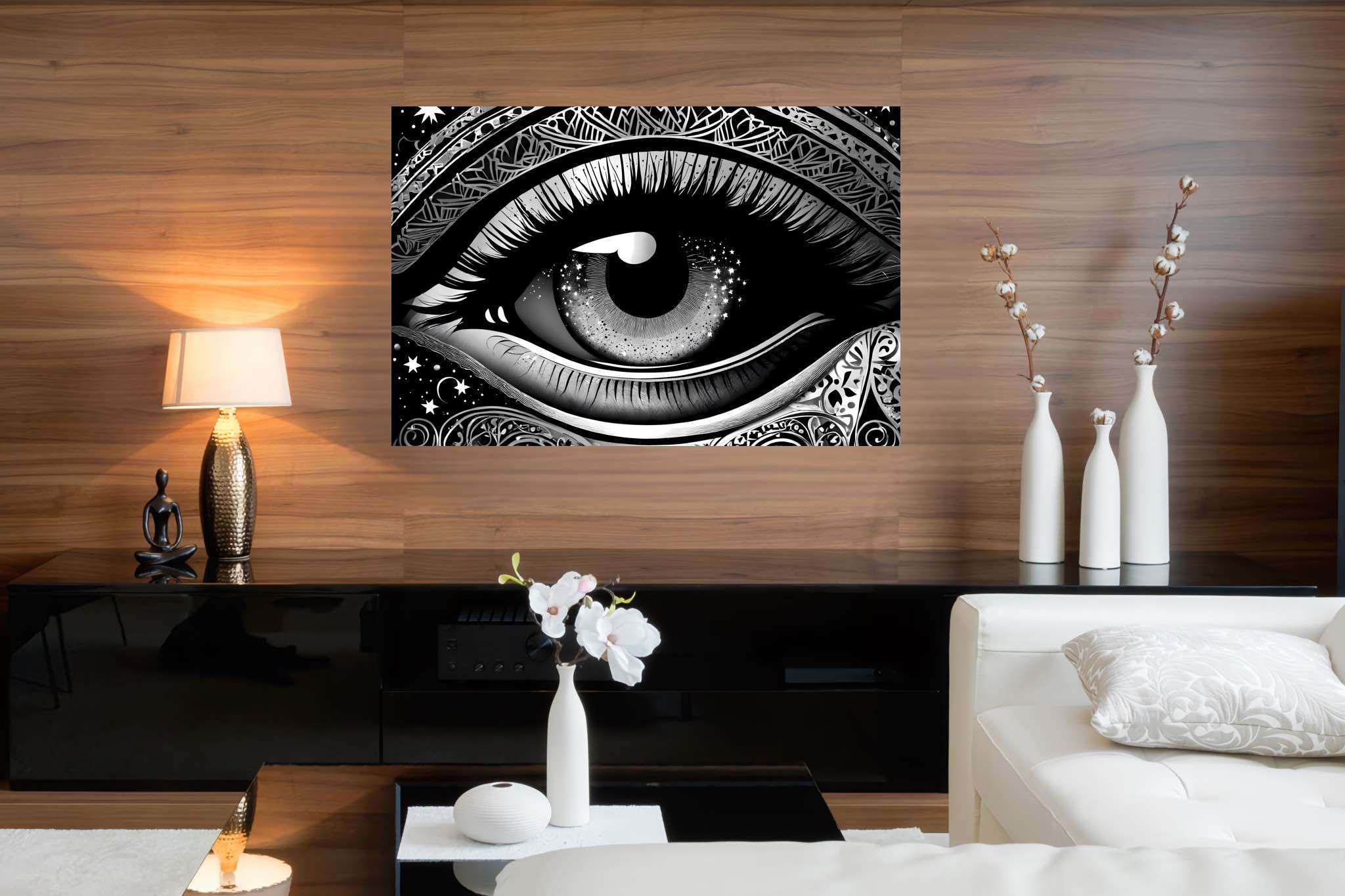 Stargazer's glimpse: Star-filled eye art with star-filled eye art, in a room with great design, mural artworks, and artisan decor. The art can be printed on poster, framed poster, canvas, metal, acrylic or wood, exclusively at WallArtZen. Find this exact print at https://wallartzen.com/waz183