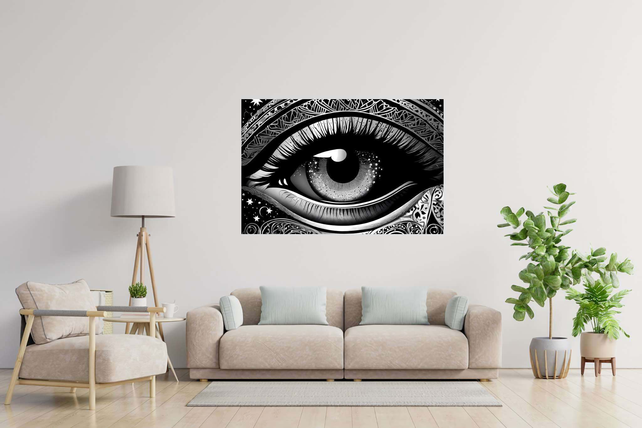 Stargazer's glimpse: Star-filled eye art with mystical eye creations, in a room with urban design, fine art prints, and artisan decor. The art can be printed on poster, framed poster, canvas, metal, acrylic or wood, exclusively at WallArtZen. Find this exact print at https://wallartzen.com/waz183
