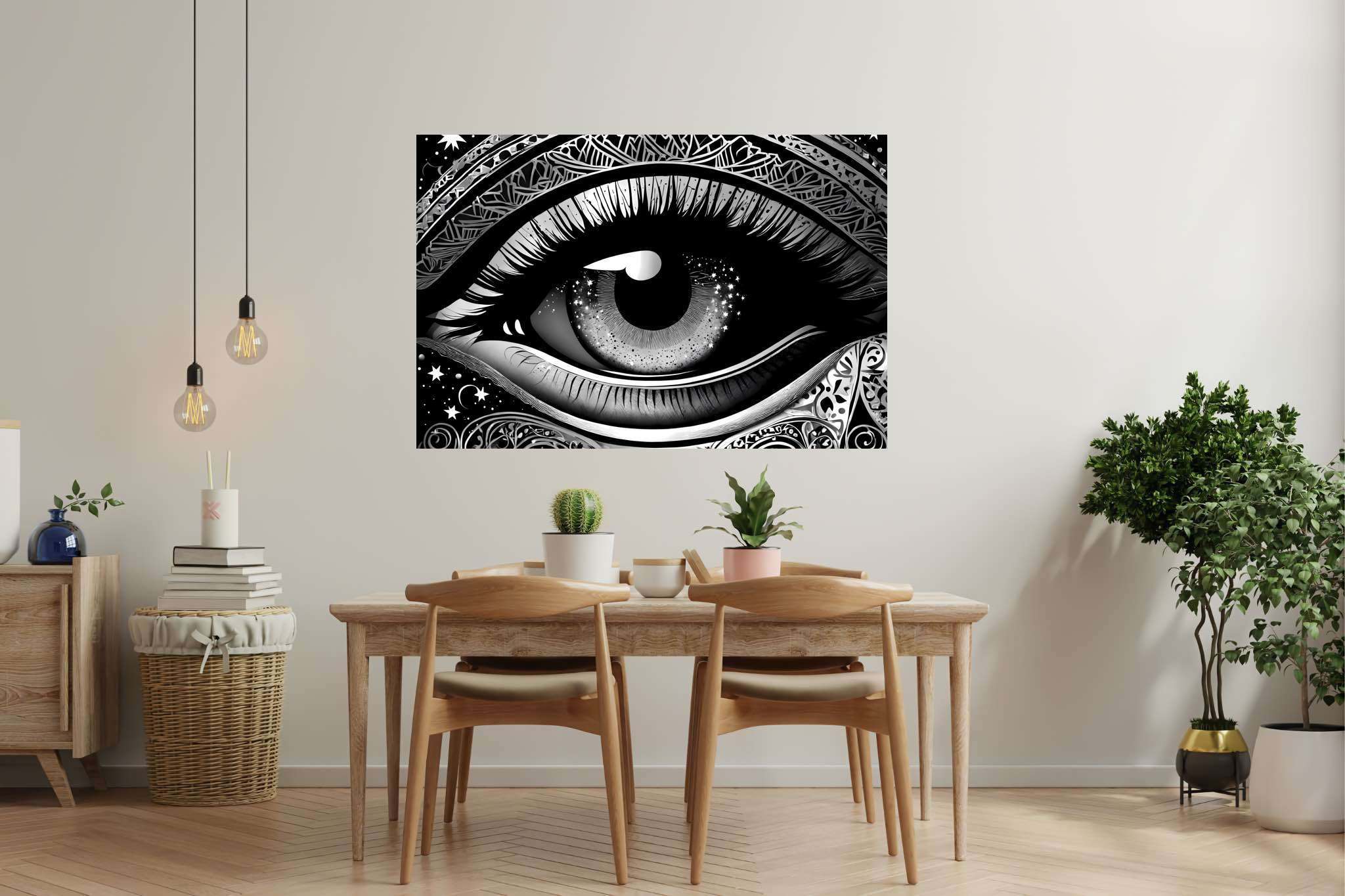 Stargazer's glimpse: Star-filled eye art with galaxy-inspired paintings, in a room with classic elegance, framed art, and decorative pieces. The art can be printed on poster, framed poster, canvas, metal, acrylic or wood, exclusively at WallArtZen. Find this exact print at https://wallartzen.com/waz183