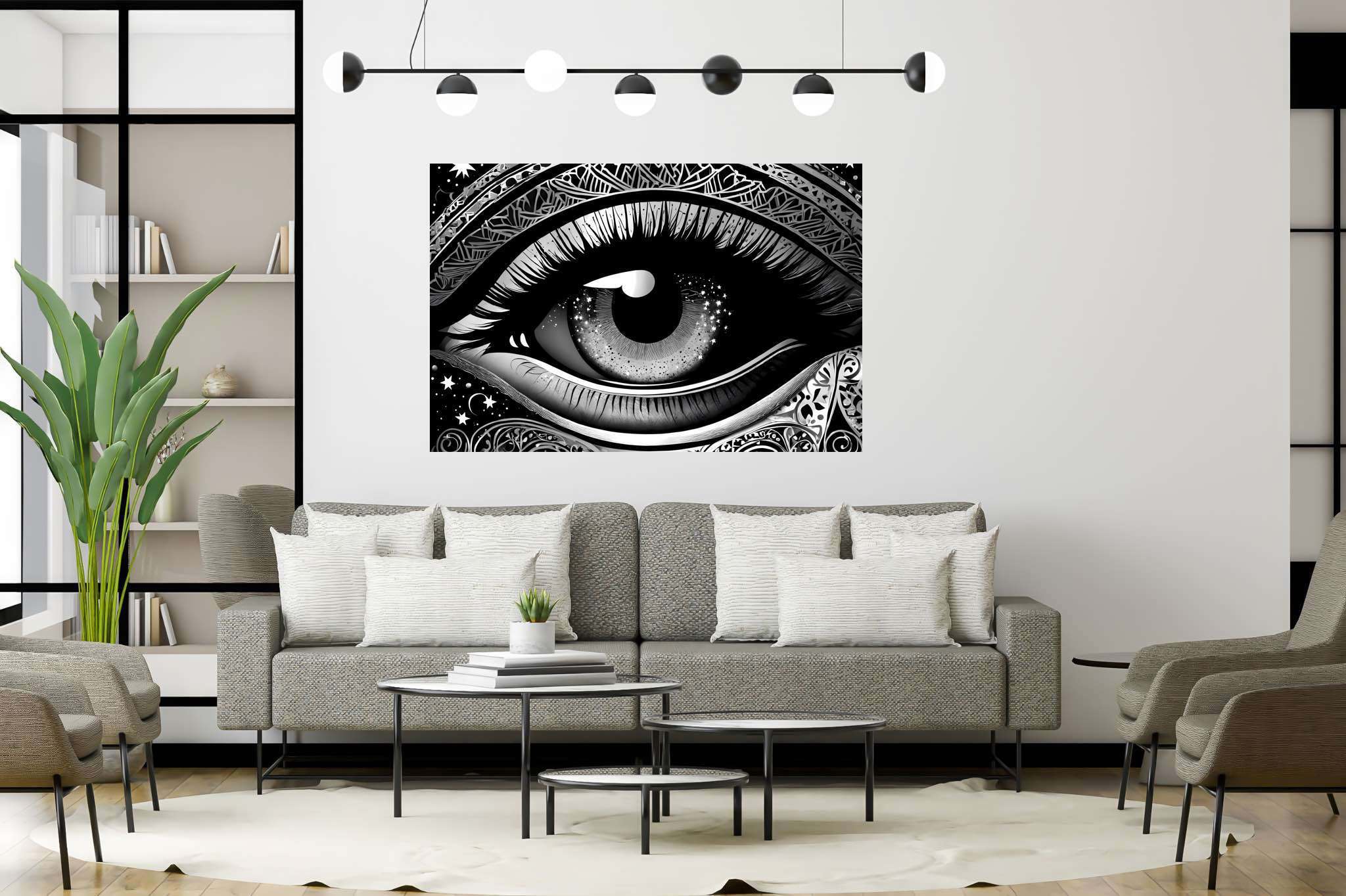 Stargazer's glimpse: Star-filled eye art with star-filled eye art, in a room with elegant layout, canvas prints, and trendy home accents. The art can be printed on poster, framed poster, canvas, metal, acrylic or wood, exclusively at WallArtZen. Find this exact print at https://wallartzen.com/waz183
