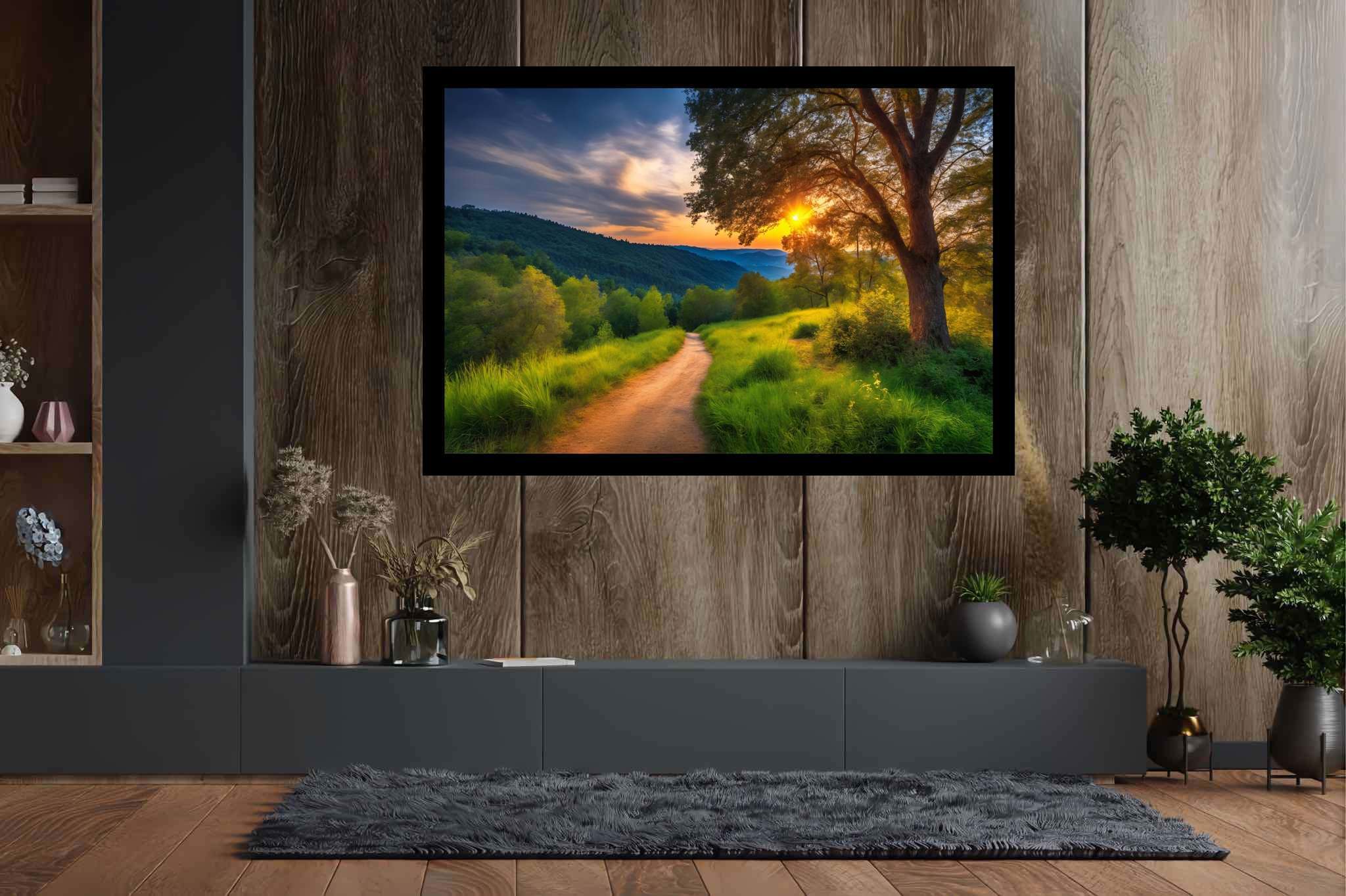 Sunset's serenade to silence: Serene art with serene art, in a room with classic elegance, framed art, and home styling items. The art can be printed on poster, framed poster, canvas, metal, acrylic or wood, exclusively at WallArtZen. Find this exact print at https://wallartzen.com/waz184