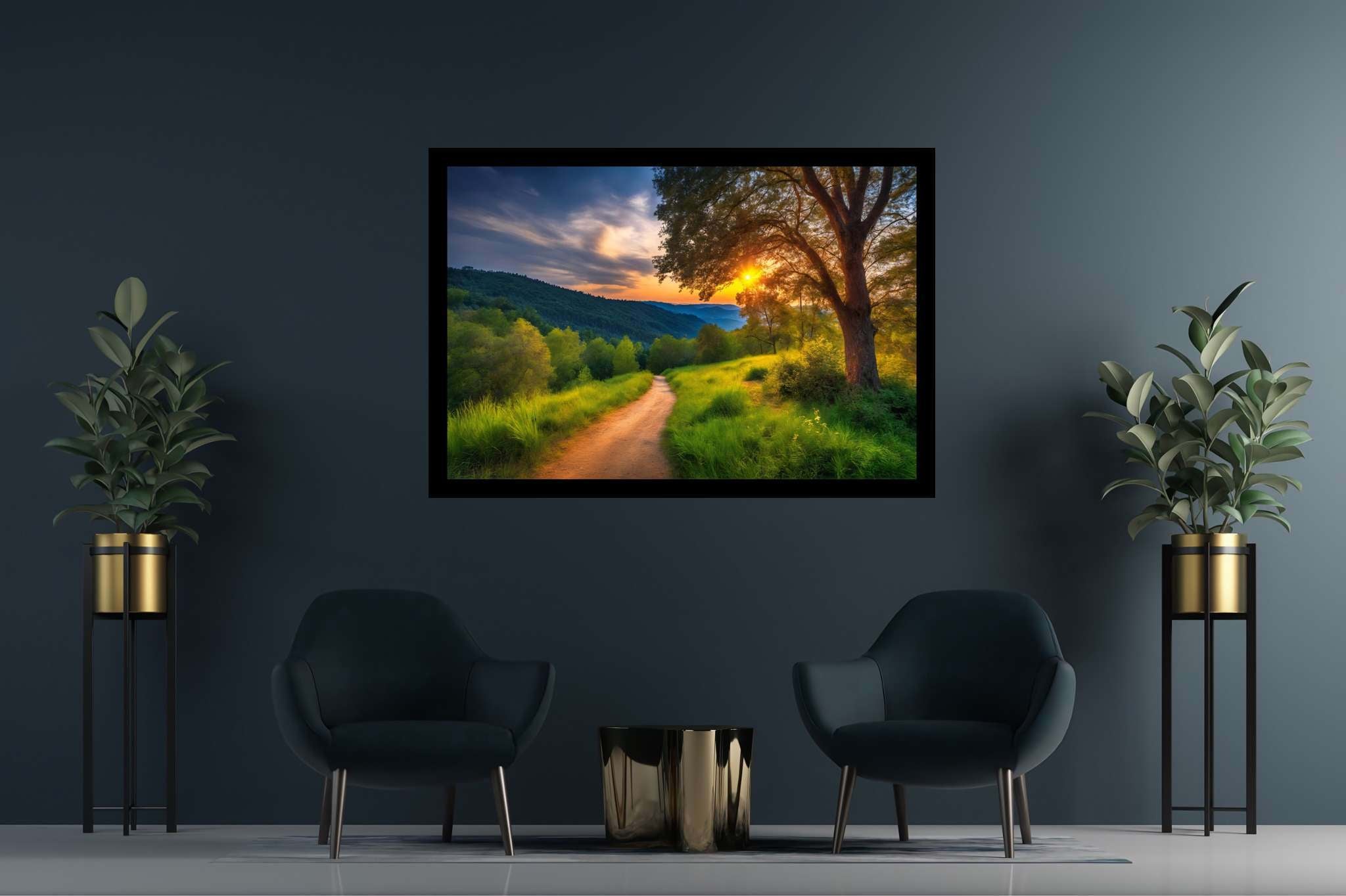 Sunset's serenade to silence: Serene art with tranquility, in a room with great design, fine art prints, and trendy home accents. The art can be printed on poster, framed poster, canvas, metal, acrylic or wood, exclusively at WallArtZen. Find this exact print at https://wallartzen.com/waz184