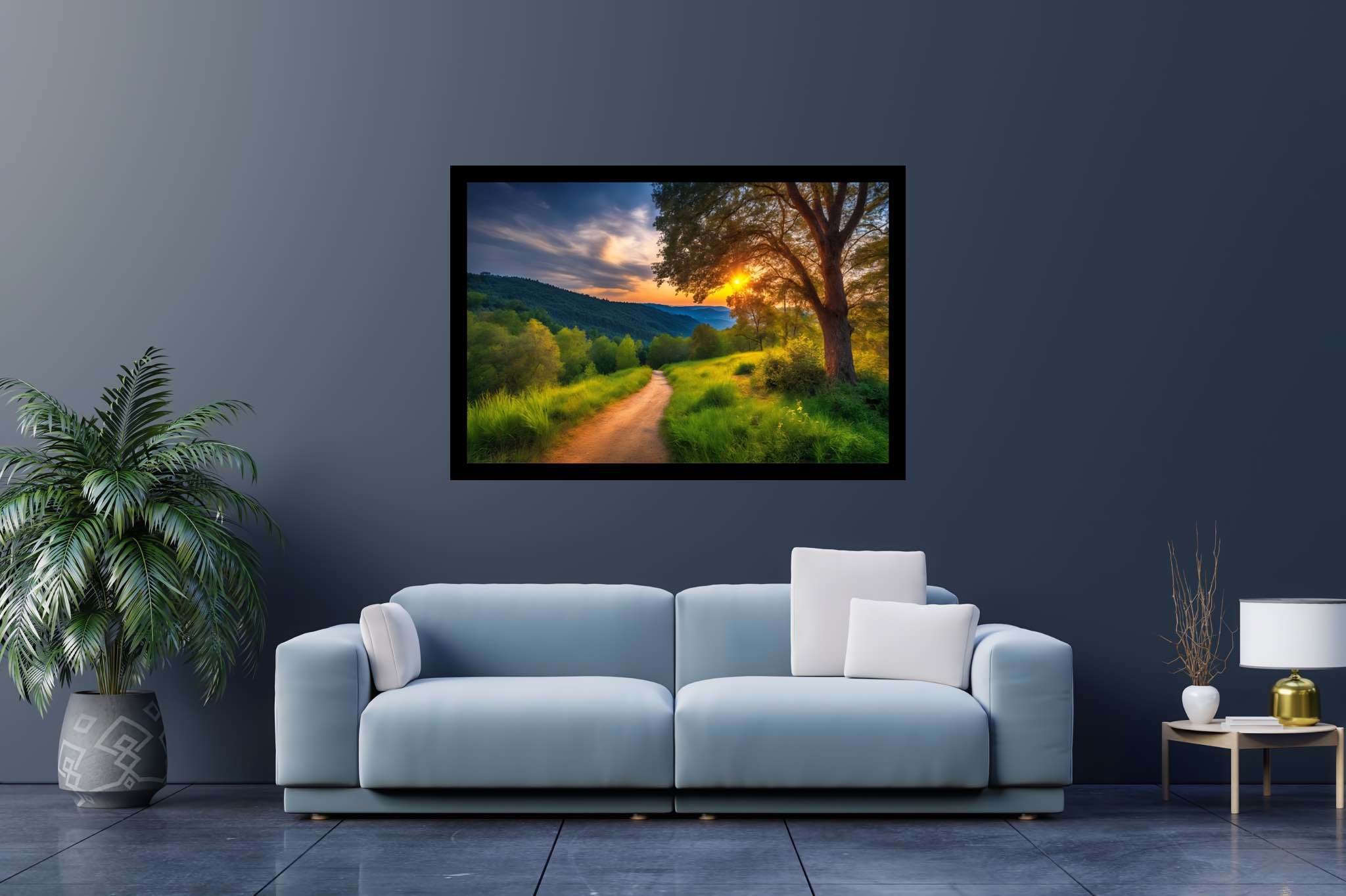 Sunset's serenade to silence: Serene art with quietude in art, in a room with classic elegance, digital art pieces, and artisan decor. The art can be printed on poster, framed poster, canvas, metal, acrylic or wood, exclusively at WallArtZen. Find this exact print at https://wallartzen.com/waz184