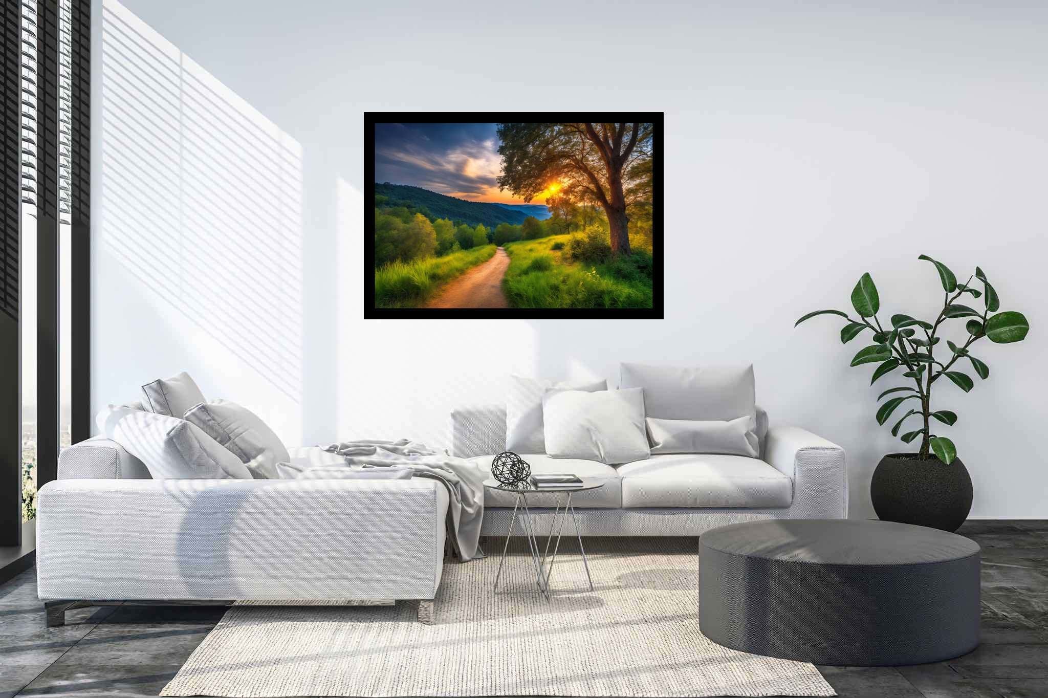 Sunset's serenade to silence: Serene art with serene portraits, in a room with contemporary flair, mural artworks, and decorative pieces. The art can be printed on poster, framed poster, canvas, metal, acrylic or wood, exclusively at WallArtZen. Find this exact print at https://wallartzen.com/waz184