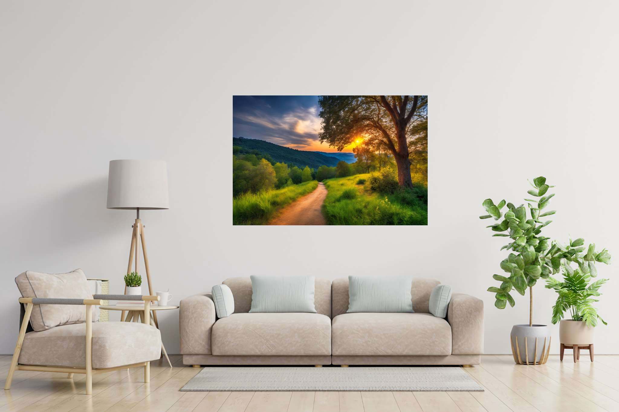 Sunset's serenade to silence: Serene art with stillness in art, in a room with chic decor, mural artworks, and elegant home goods. The art can be printed on poster, framed poster, canvas, metal, acrylic or wood, exclusively at WallArtZen. Find this exact print at https://wallartzen.com/waz184