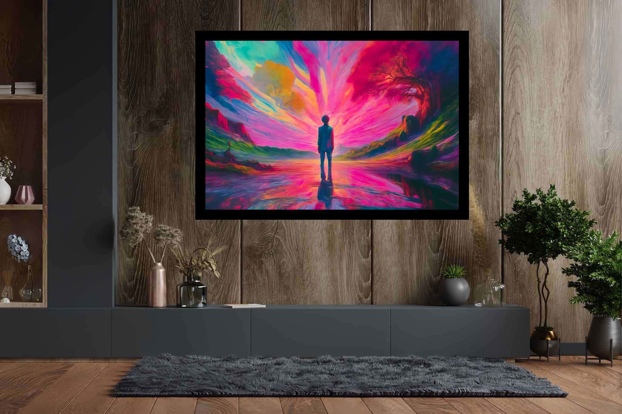 Chasing aurora's embrace: Surreal landscape art with mystical surrealism, in a room with minimalist approach, mural artworks, and interior decorations. The art can be printed on poster, framed poster, canvas, metal, acrylic or wood, exclusively at WallArtZen. Find this exact print at https://wallartzen.com/waz185