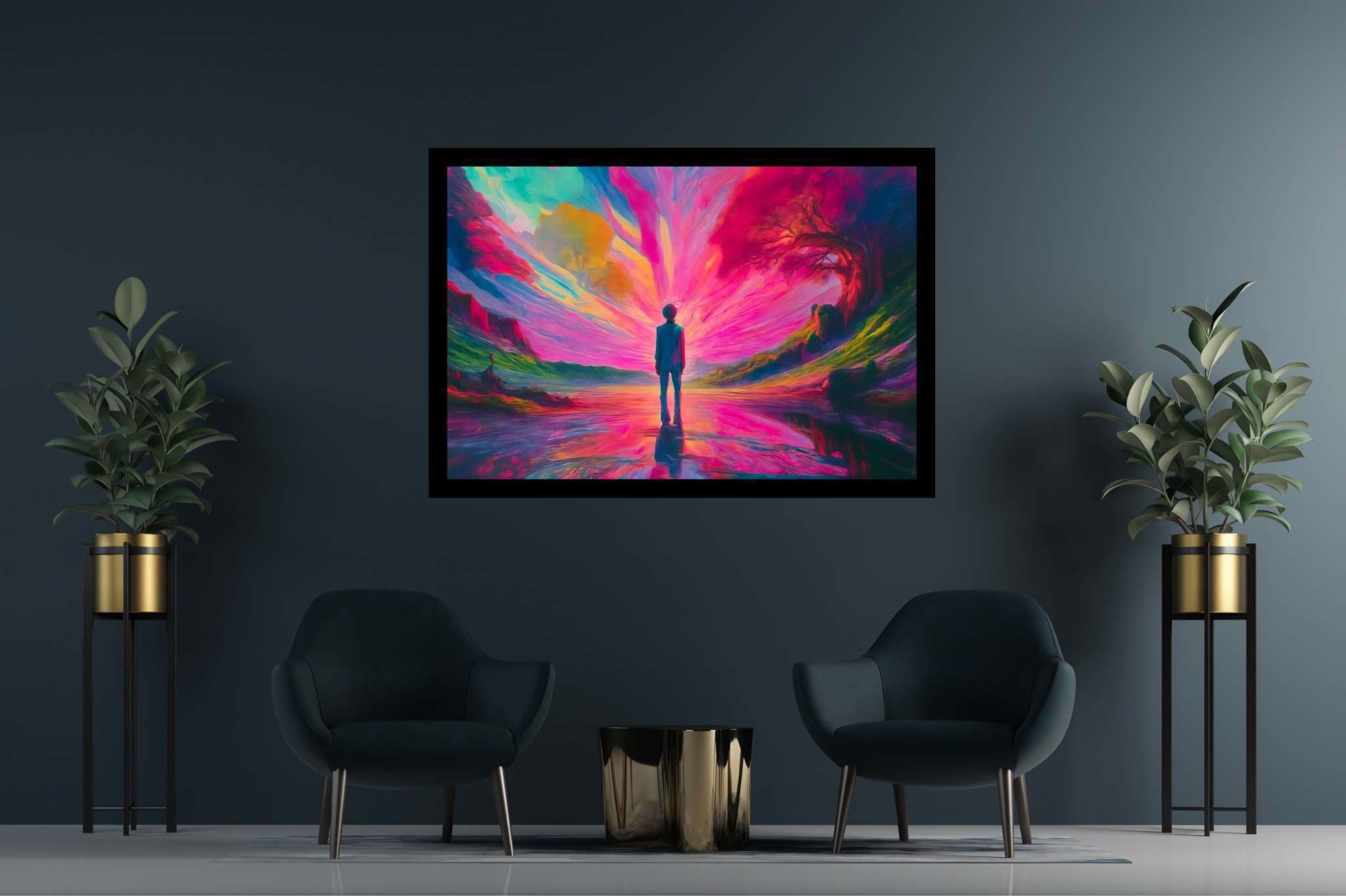 Chasing aurora's embrace: Surreal landscape art with unreal dream landscapes, in a room with urban design, gallery-quality artwork, and trendy home accents. The art can be printed on poster, framed poster, canvas, metal, acrylic or wood, exclusively at WallArtZen. Find this exact print at https://wallartzen.com/waz185