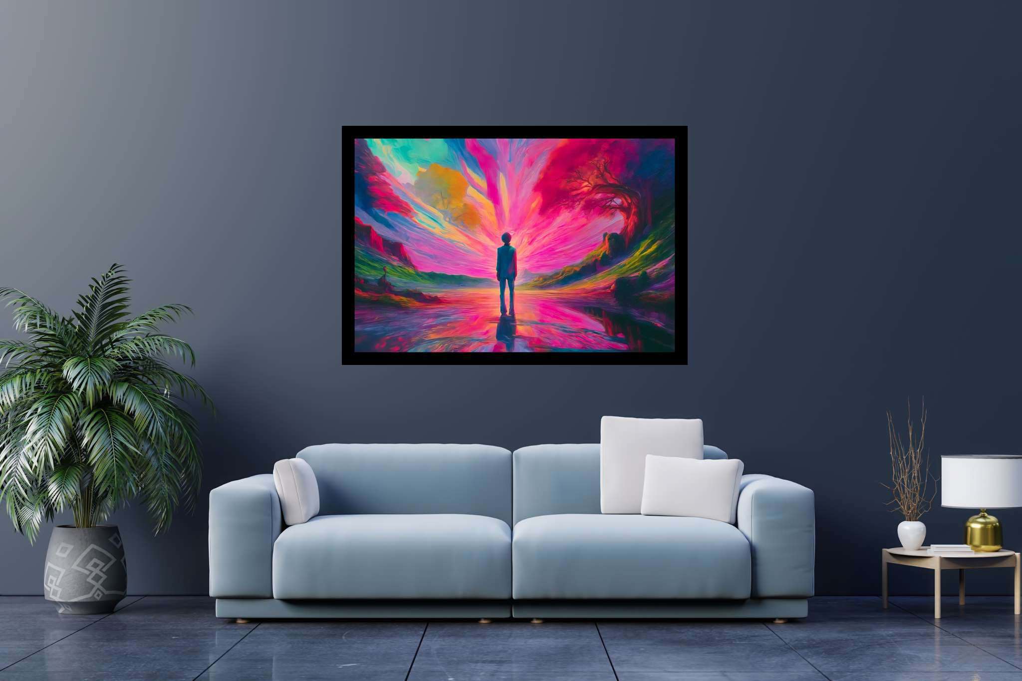 Chasing aurora's embrace: Surreal landscape art with otherworldly landscapes, in a room with contemporary flair, canvas prints, and elegant home goods. The art can be printed on poster, framed poster, canvas, metal, acrylic or wood, exclusively at WallArtZen. Find this exact print at https://wallartzen.com/waz185