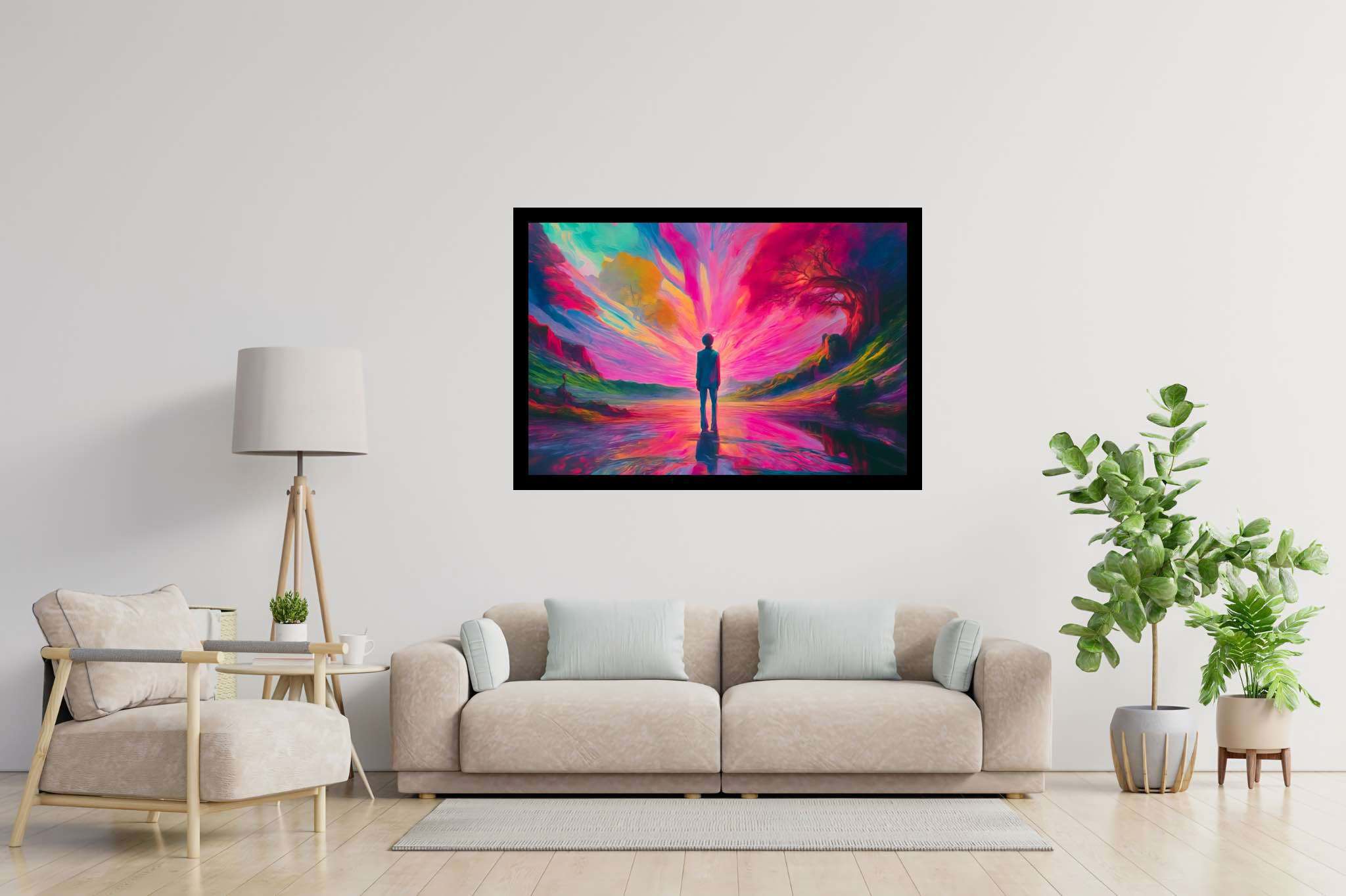 Chasing aurora's embrace: Surreal landscape art with surrealistic nature art, in a room with contemporary flair, abstract paintings, and home styling items. The art can be printed on poster, framed poster, canvas, metal, acrylic or wood, exclusively at WallArtZen. Find this exact print at https://wallartzen.com/waz185