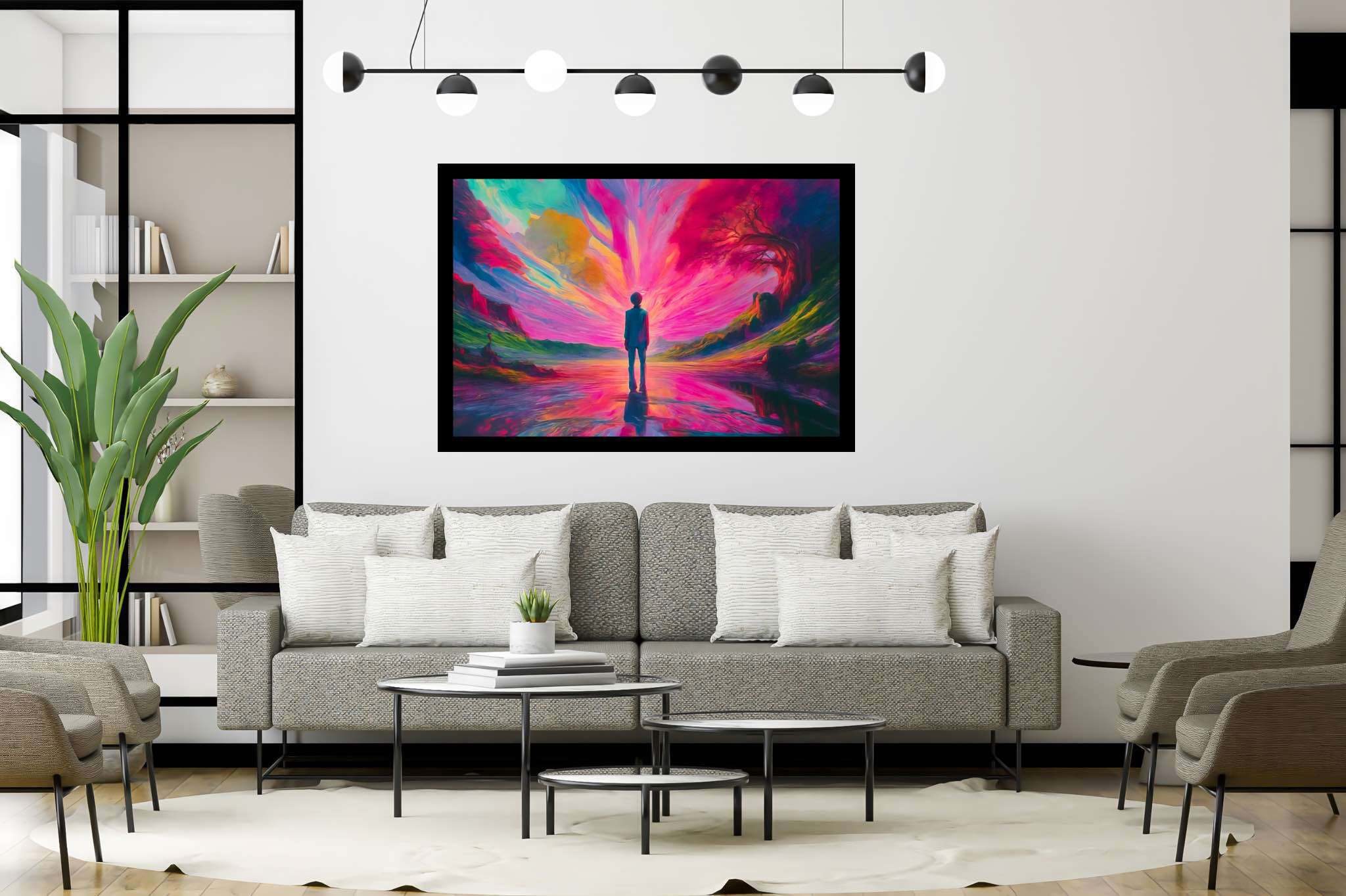 Chasing aurora's embrace: Surreal landscape art with surrealistic nature art, in a room with elegant layout, fine art prints, and decorative pieces. The art can be printed on poster, framed poster, canvas, metal, acrylic or wood, exclusively at WallArtZen. Find this exact print at https://wallartzen.com/waz185