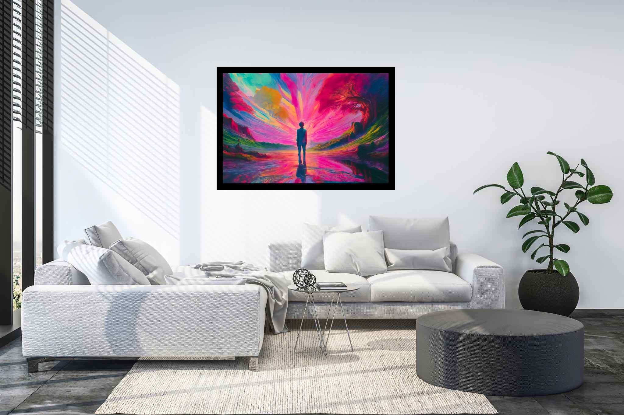 Chasing aurora's embrace: Surreal landscape art with surreal landscape art, in a room with elegant layout, digital art pieces, and luxe decor. The art can be printed on poster, framed poster, canvas, metal, acrylic or wood, exclusively at WallArtZen. Find this exact print at https://wallartzen.com/waz185