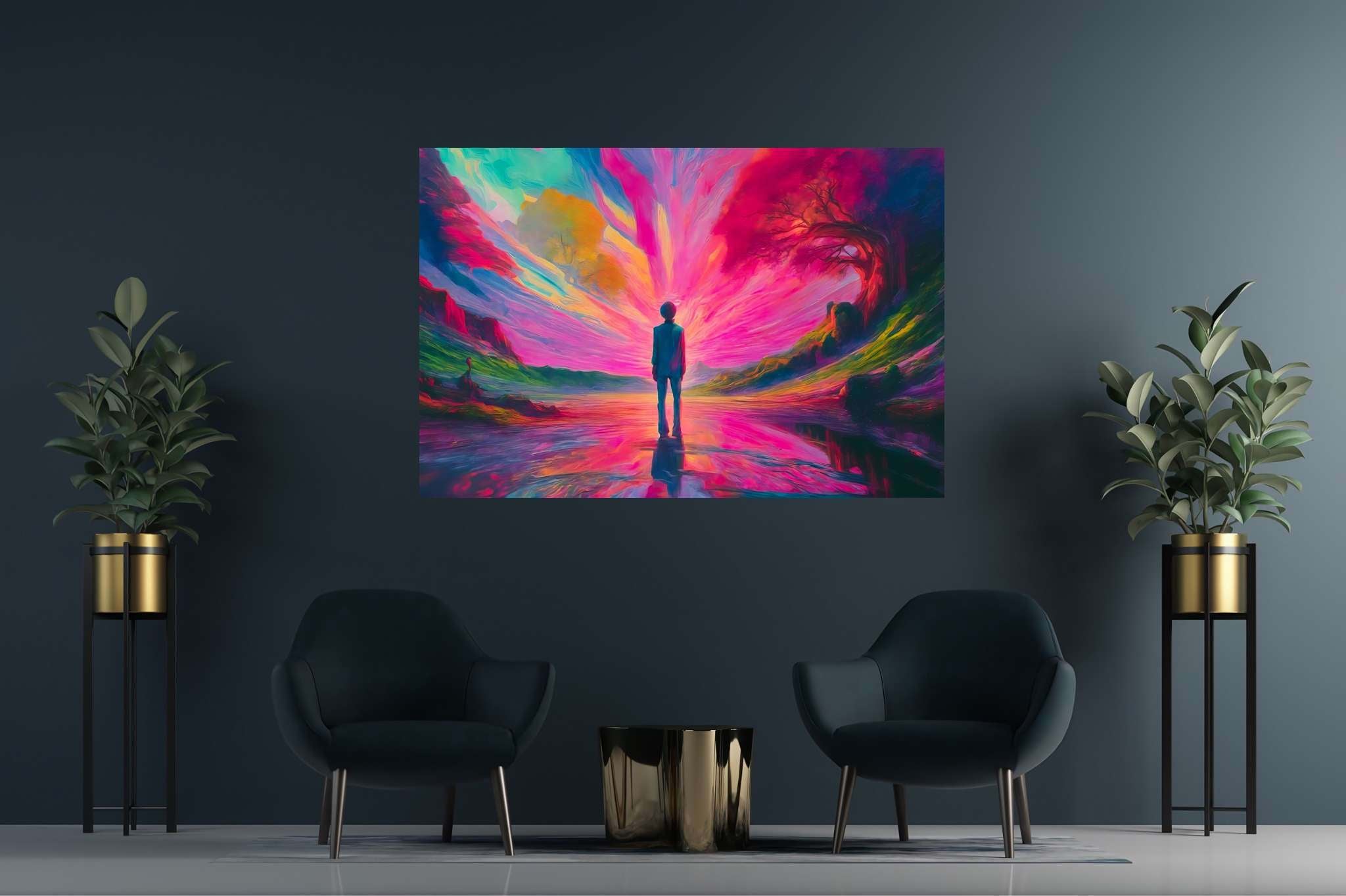 Chasing aurora's embrace: Surreal landscape art with ethereal nature scenes, in a room with contemporary flair, framed art, and decorative pieces. The art can be printed on poster, framed poster, canvas, metal, acrylic or wood, exclusively at WallArtZen. Find this exact print at https://wallartzen.com/waz185