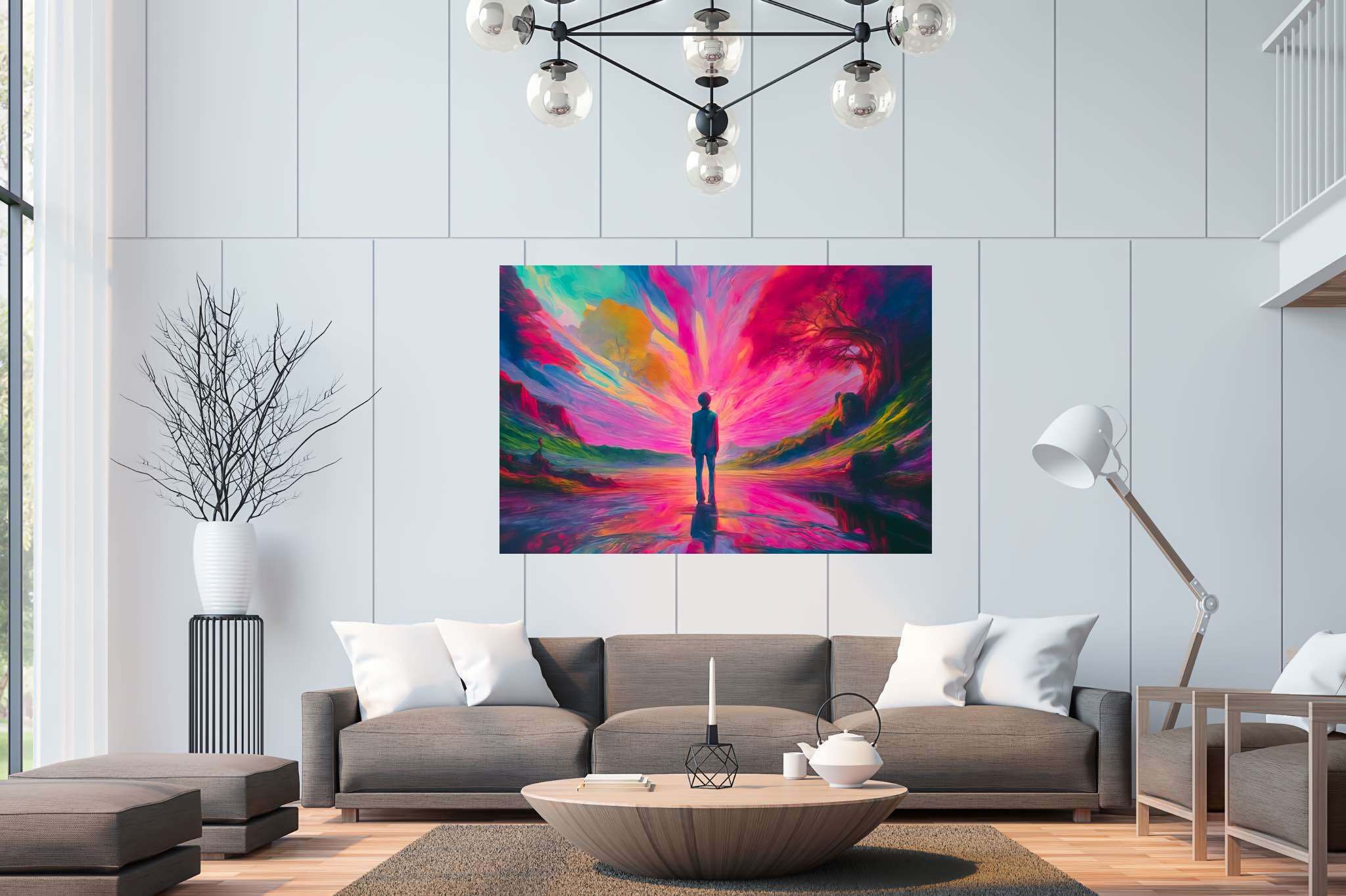 Chasing aurora's embrace: Surreal landscape art with mysterious dream environments, in a room with contemporary flair, wall hangings, and designer furniture. The art can be printed on poster, framed poster, canvas, metal, acrylic or wood, exclusively at WallArtZen. Find this exact print at https://wallartzen.com/waz185