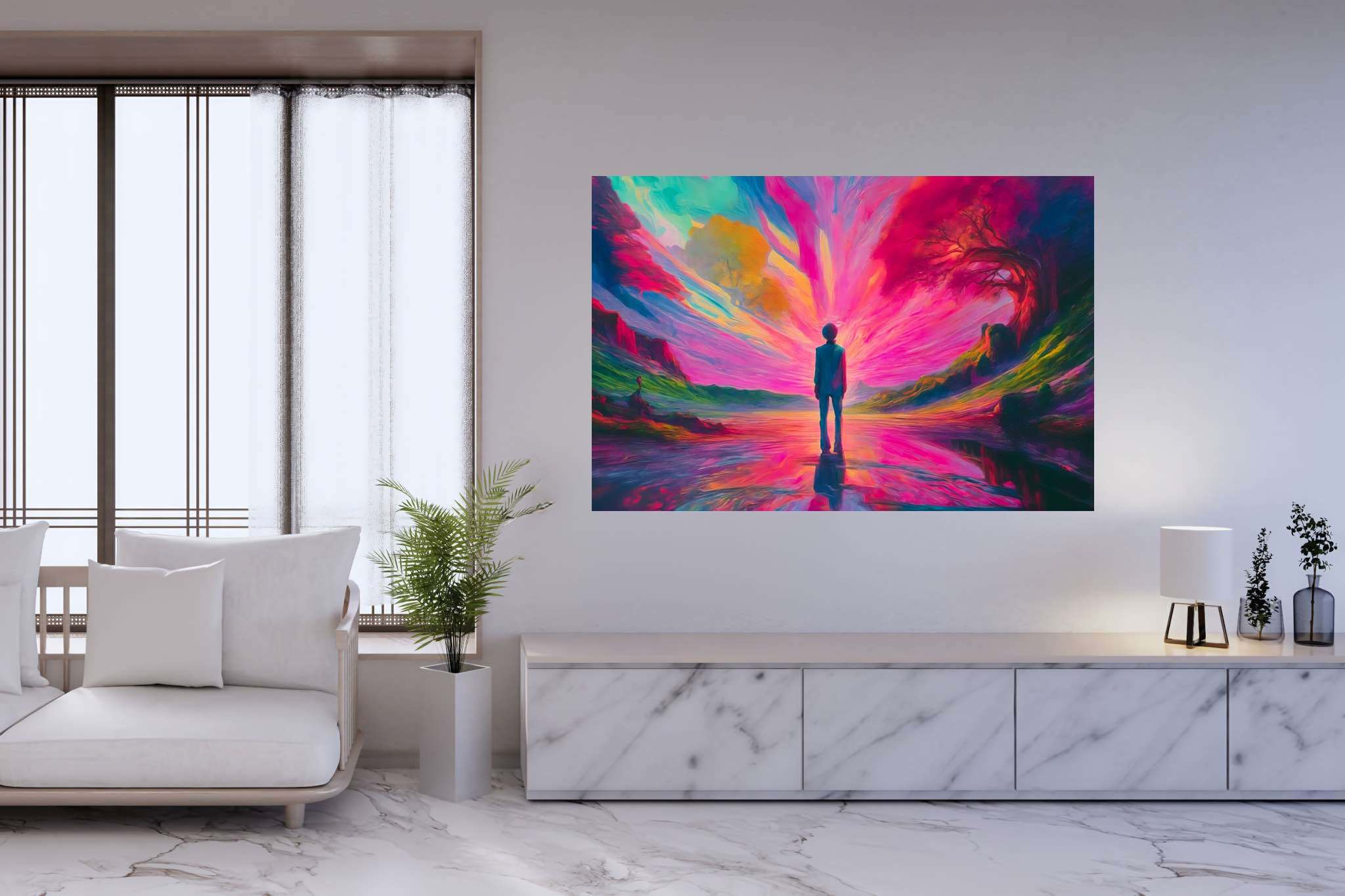 Chasing aurora's embrace: Surreal landscape art with surrealistic nature art, in a room with urban design, framed art, and home styling items. The art can be printed on poster, framed poster, canvas, metal, acrylic or wood, exclusively at WallArtZen. Find this exact print at https://wallartzen.com/waz185