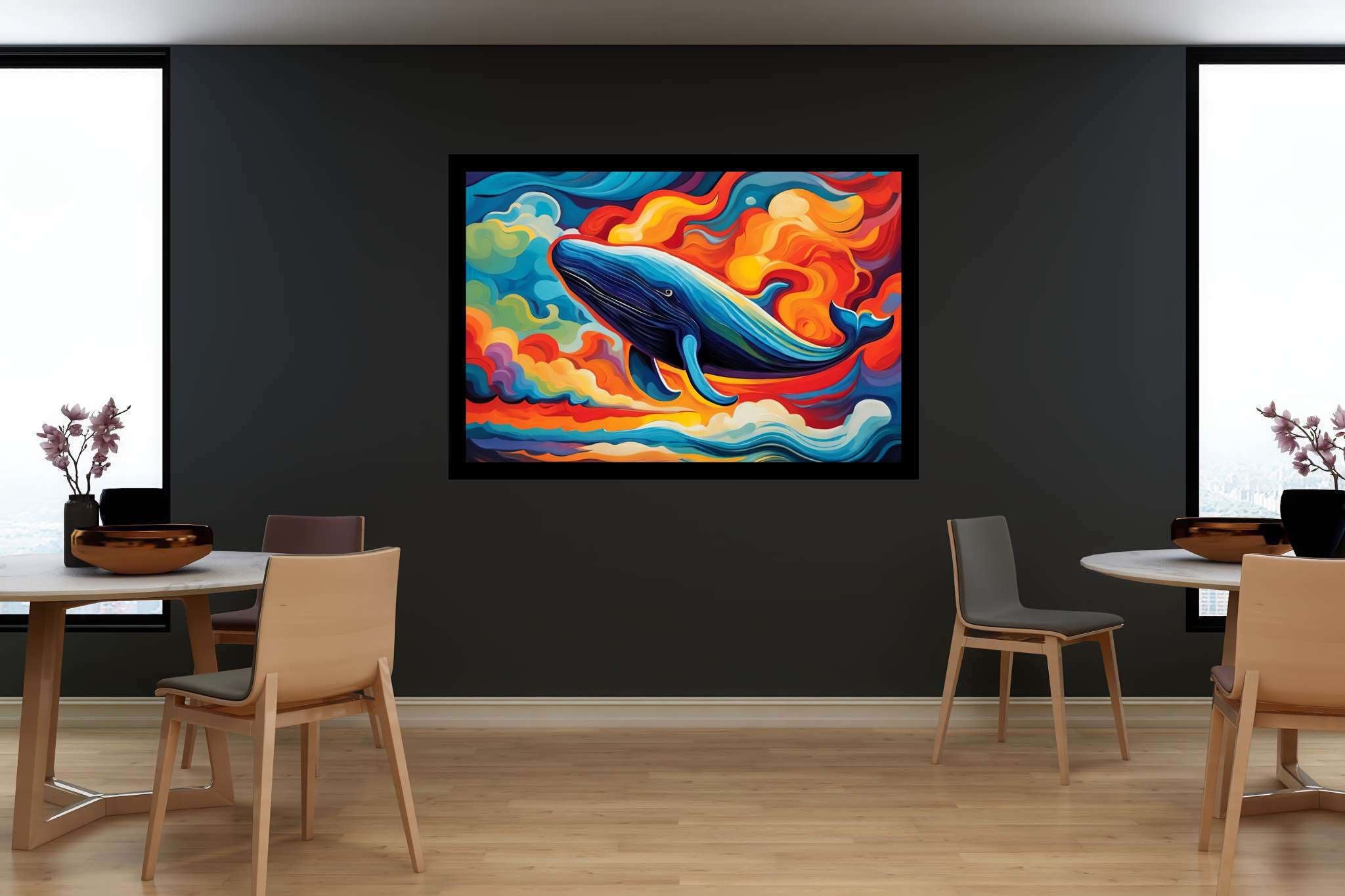 Abyssal reverie: Vibrant ocean art with ocean-inspired illustrations, in a room with innovative layout, wall art, and designer furniture. The art can be printed on poster, framed poster, canvas, metal, acrylic or wood, exclusively at WallArtZen. Find this exact print at https://wallartzen.com/waz186