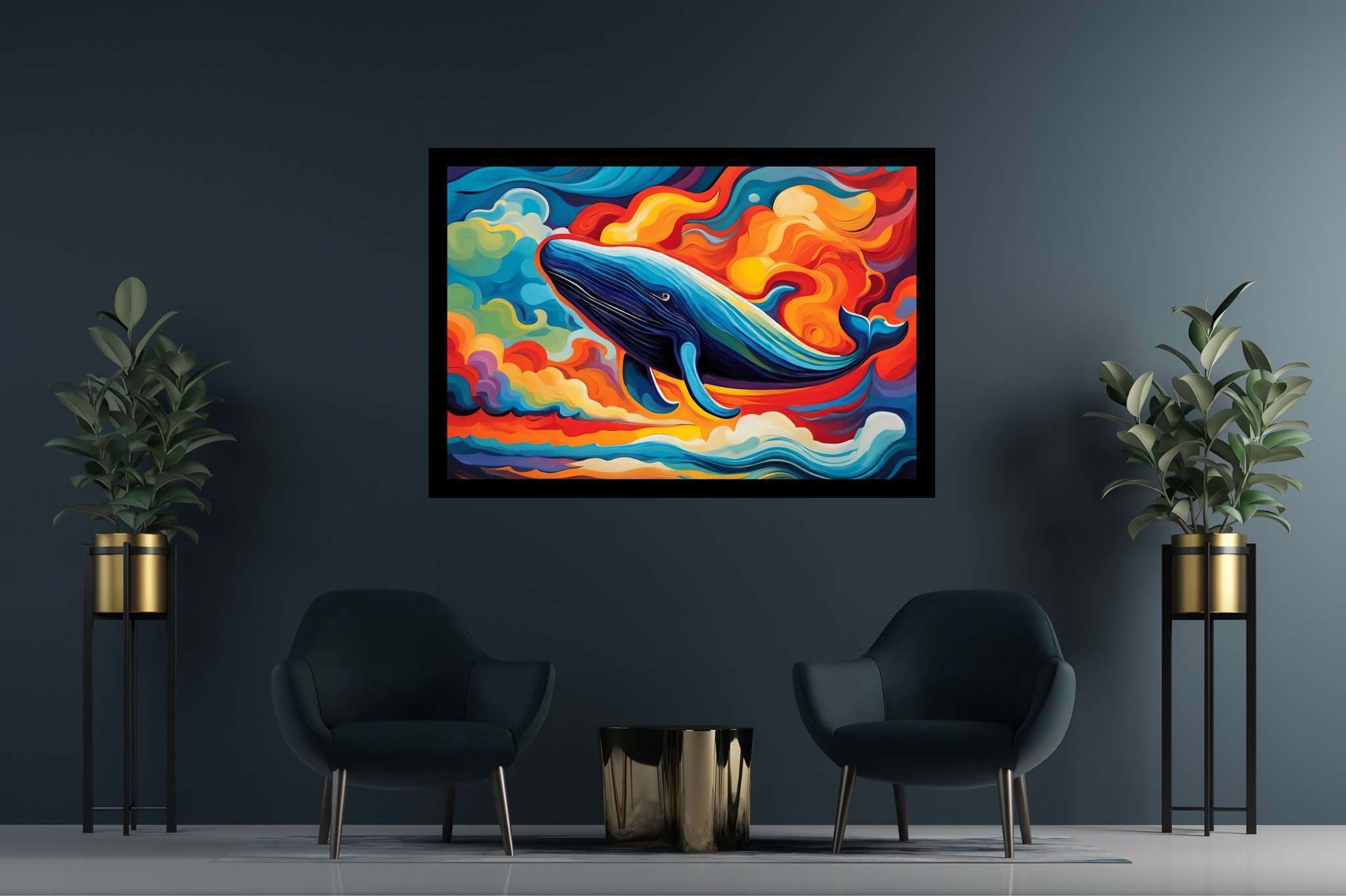 Abyssal reverie: Vibrant ocean art with marine life artwork, in a room with classic elegance, gallery-quality artwork, and home styling items. The art can be printed on poster, framed poster, canvas, metal, acrylic or wood, exclusively at WallArtZen. Find this exact print at https://wallartzen.com/waz186