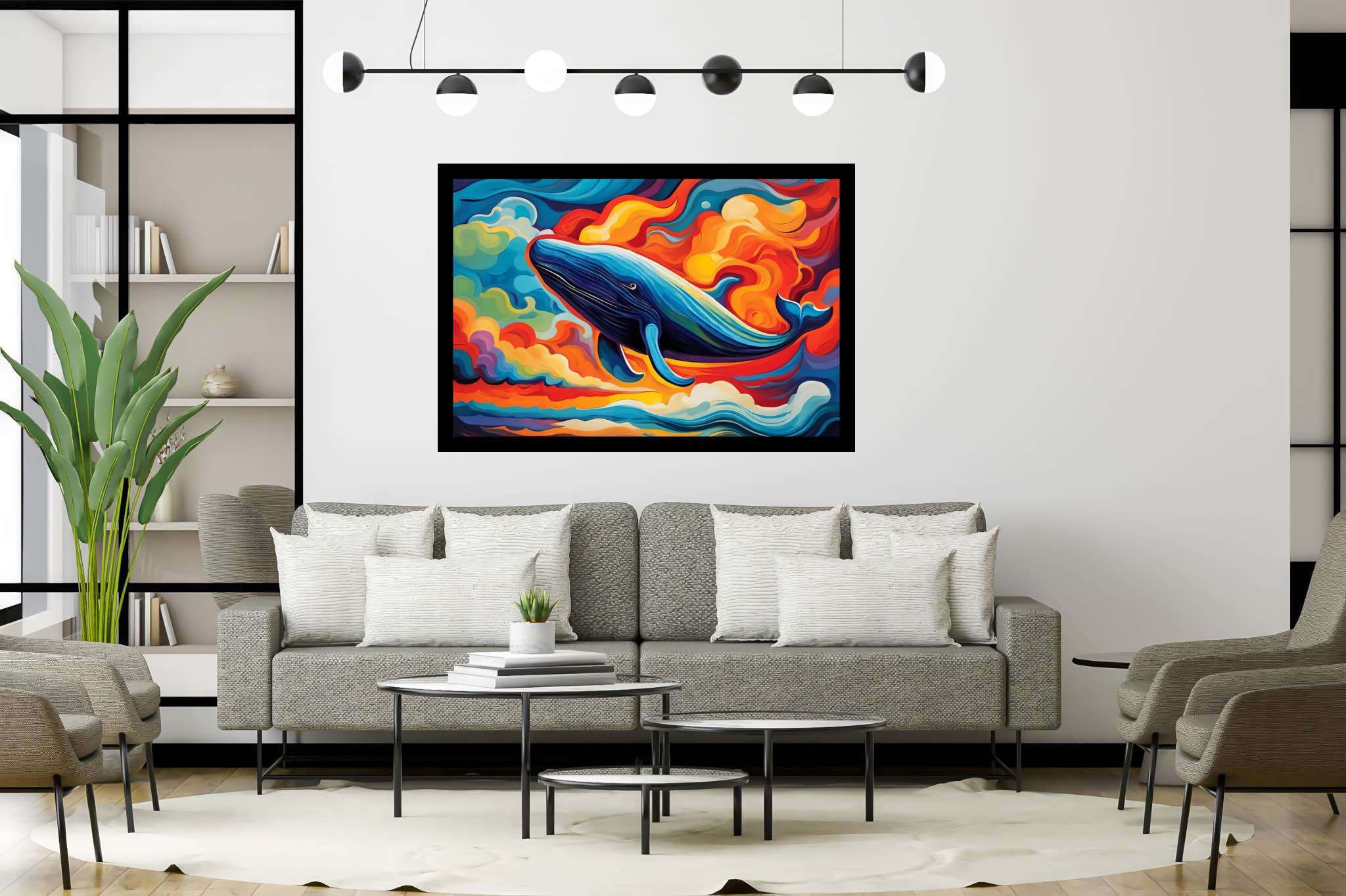 Abyssal reverie: Vibrant ocean art with oceanic abstract art, in a room with modern style, gallery-quality artwork, and home styling items. The art can be printed on poster, framed poster, canvas, metal, acrylic or wood, exclusively at WallArtZen. Find this exact print at https://wallartzen.com/waz186