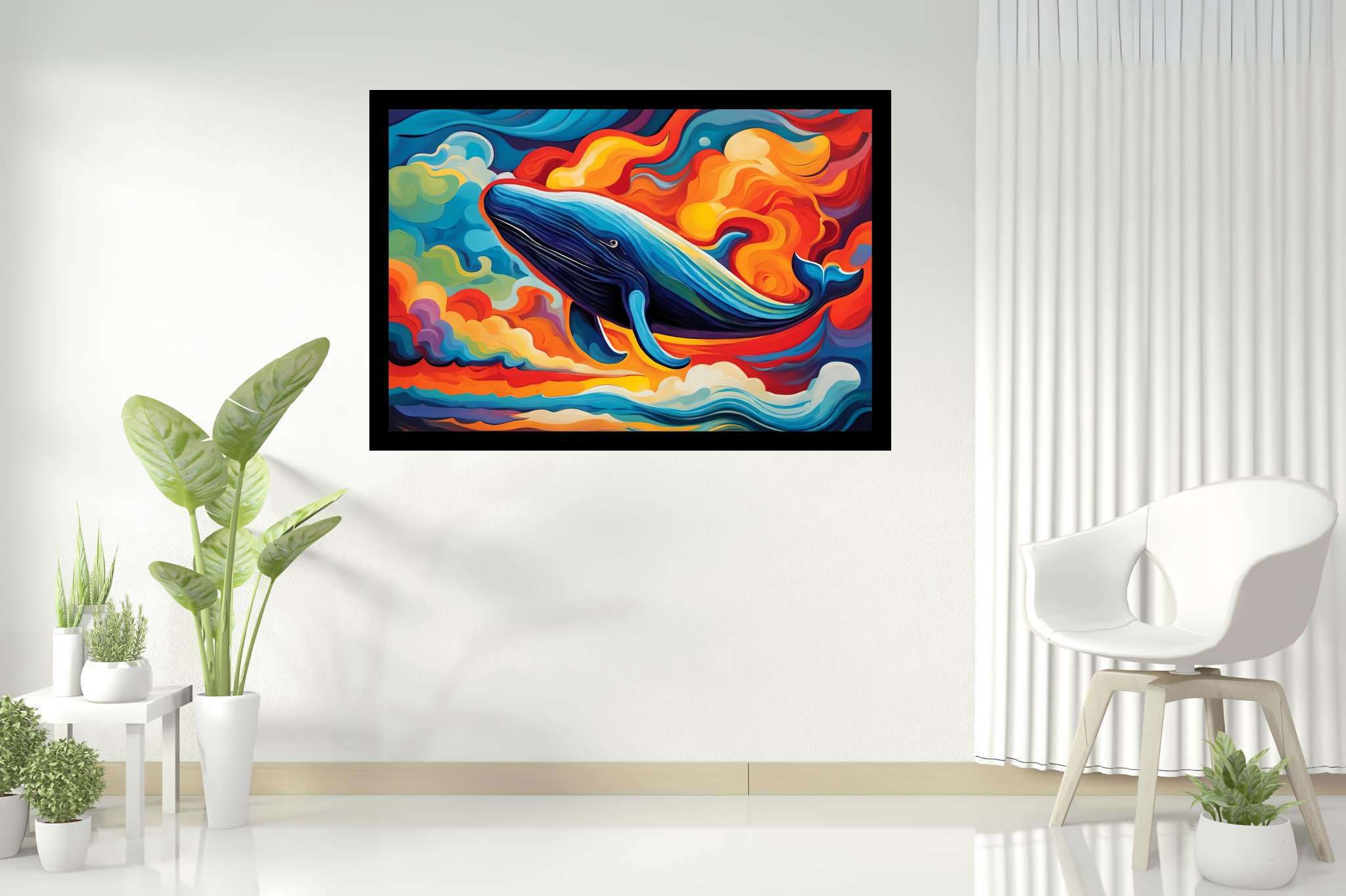 Abyssal reverie: Vibrant ocean art with ocean wave paintings, in a room with elegant layout, digital art pieces, and artisan decor. The art can be printed on poster, framed poster, canvas, metal, acrylic or wood, exclusively at WallArtZen. Find this exact print at https://wallartzen.com/waz186