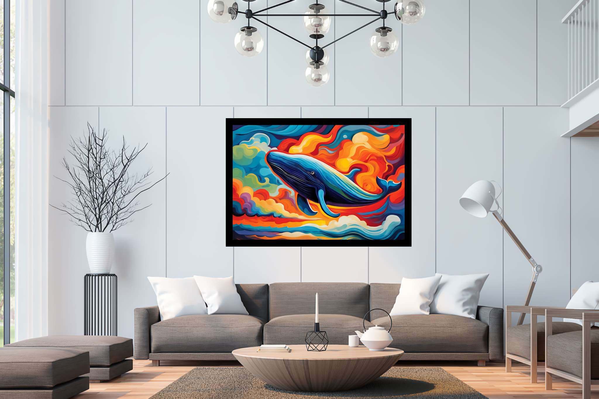 Abyssal reverie: Vibrant ocean art with coastal art, in a room with modern style, abstract paintings, and interior decorations. The art can be printed on poster, framed poster, canvas, metal, acrylic or wood, exclusively at WallArtZen. Find this exact print at https://wallartzen.com/waz186