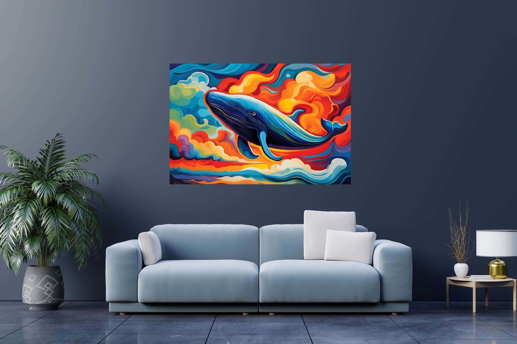 Abyssal reverie: Vibrant ocean art with ocean wave paintings, in a room with artistic style, wall hangings, and home styling items. The art can be printed on poster, framed poster, canvas, metal, acrylic or wood, exclusively at WallArtZen. Find this exact print at https://wallartzen.com/waz186