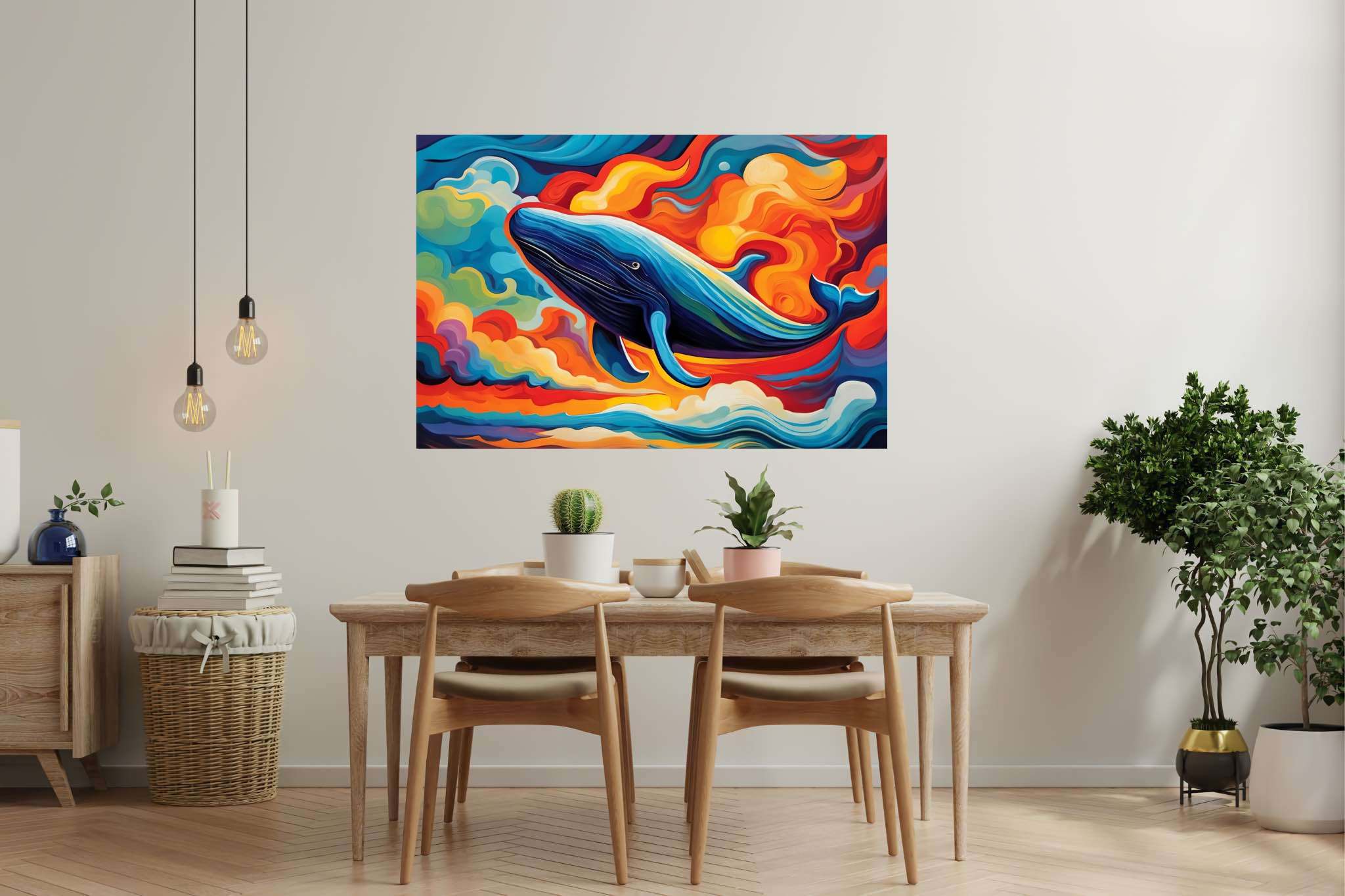 Abyssal reverie: Vibrant ocean art with vibrant seascapes, in a room with classic elegance, gallery-quality artwork, and artisan decor. The art can be printed on poster, framed poster, canvas, metal, acrylic or wood, exclusively at WallArtZen. Find this exact print at https://wallartzen.com/waz186