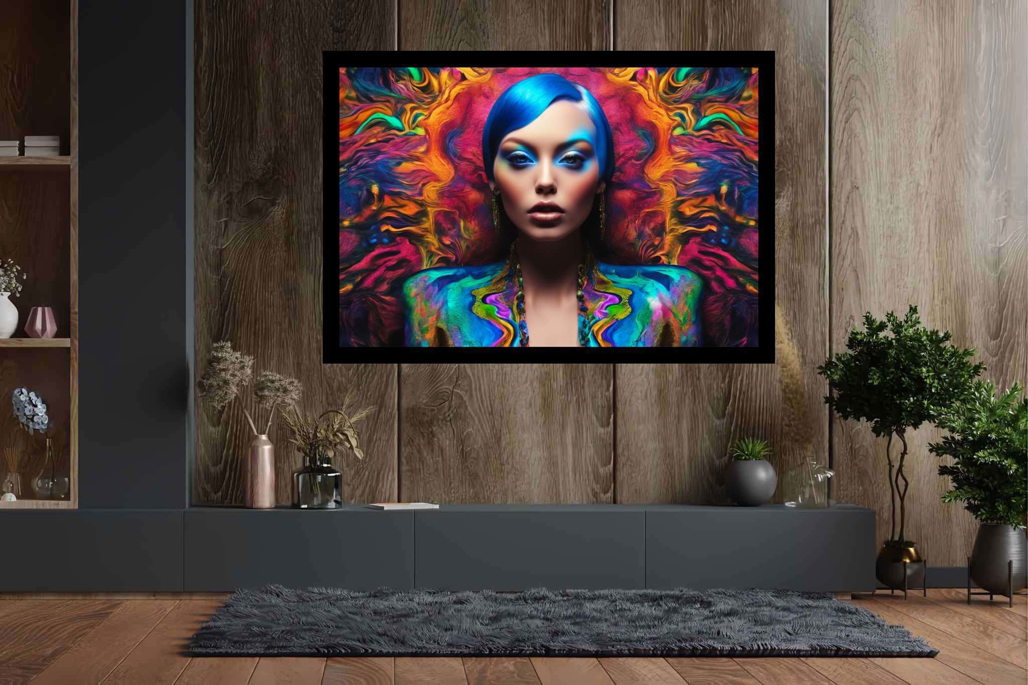 Azure muse unveiled: Vibrant art with vibrant abstracts, in a room with minimalist approach, wall hangings, and designer furniture. The art can be printed on poster, framed poster, canvas, metal, acrylic or wood, exclusively at WallArtZen. Find this exact print at https://wallartzen.com/waz188