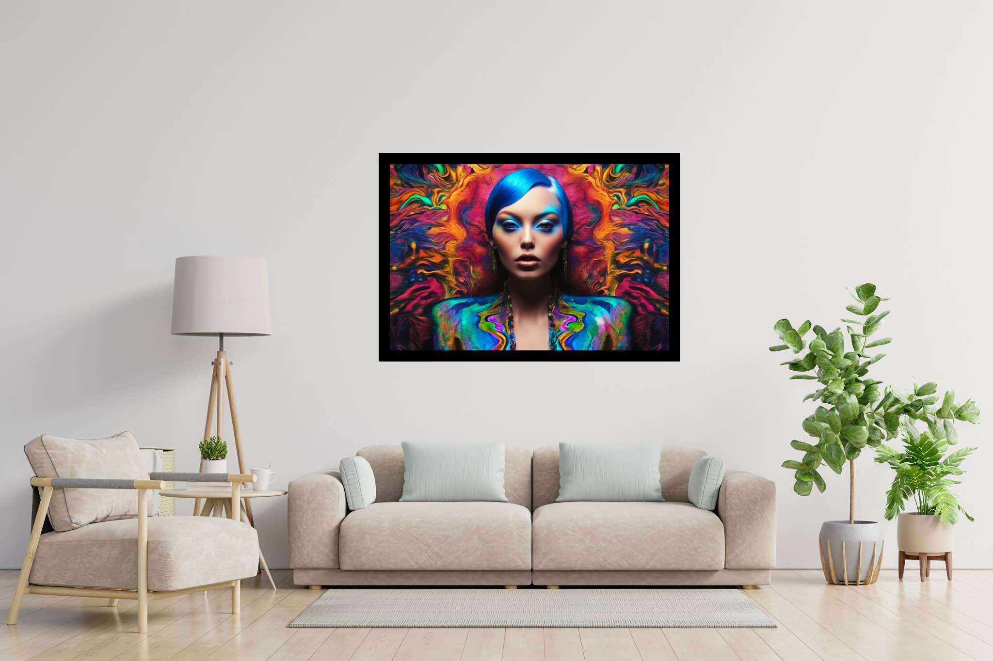 Azure muse unveiled: Vibrant art with bold color palettes, in a room with chic decor, fine art prints, and artisan decor. The art can be printed on poster, framed poster, canvas, metal, acrylic or wood, exclusively at WallArtZen. Find this exact print at https://wallartzen.com/waz188