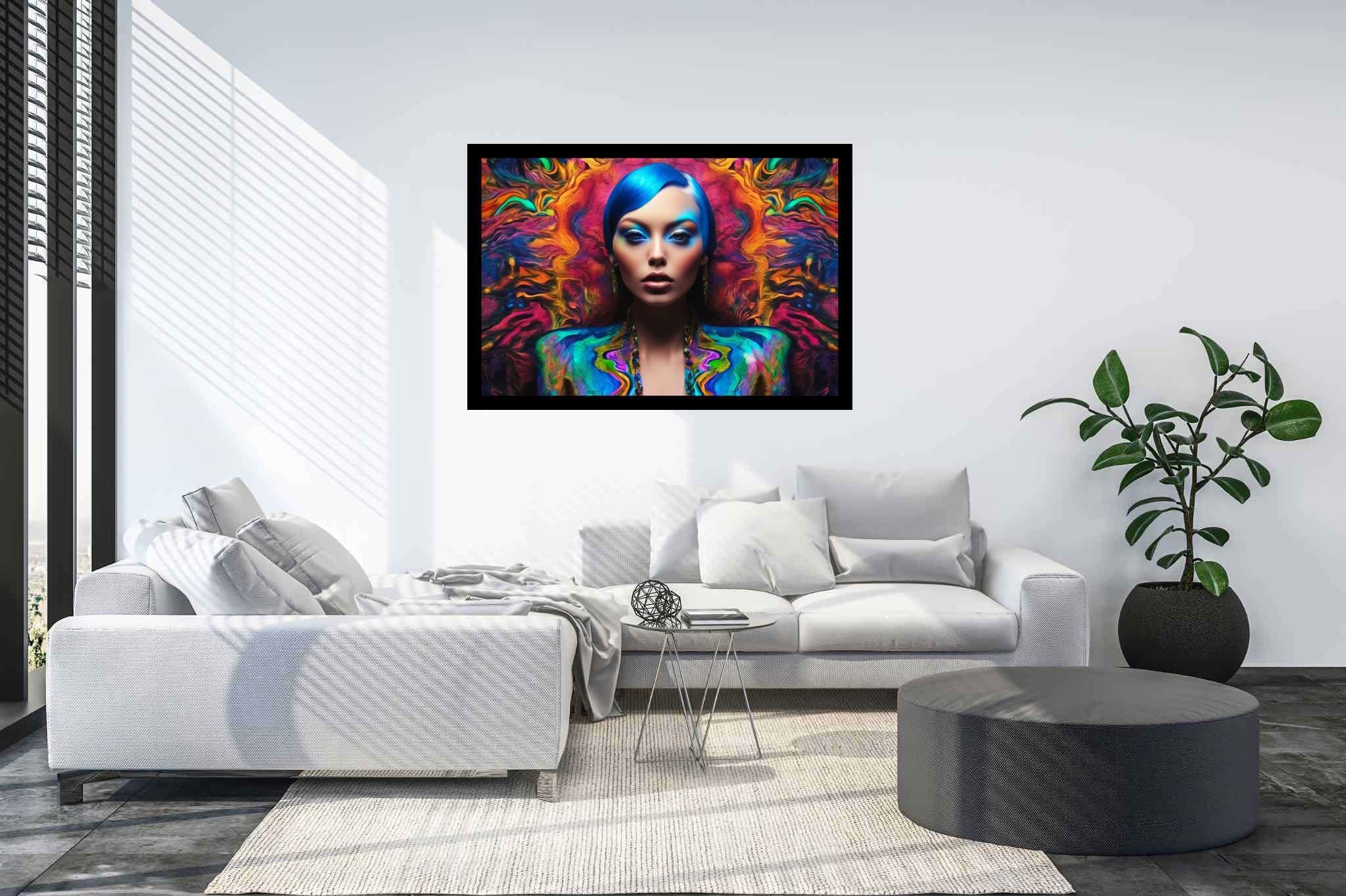 Azure muse unveiled: Vibrant art with vibrant aesthetics, in a room with great design, bespoke art designs, and home styling items. The art can be printed on poster, framed poster, canvas, metal, acrylic or wood, exclusively at WallArtZen. Find this exact print at https://wallartzen.com/waz188