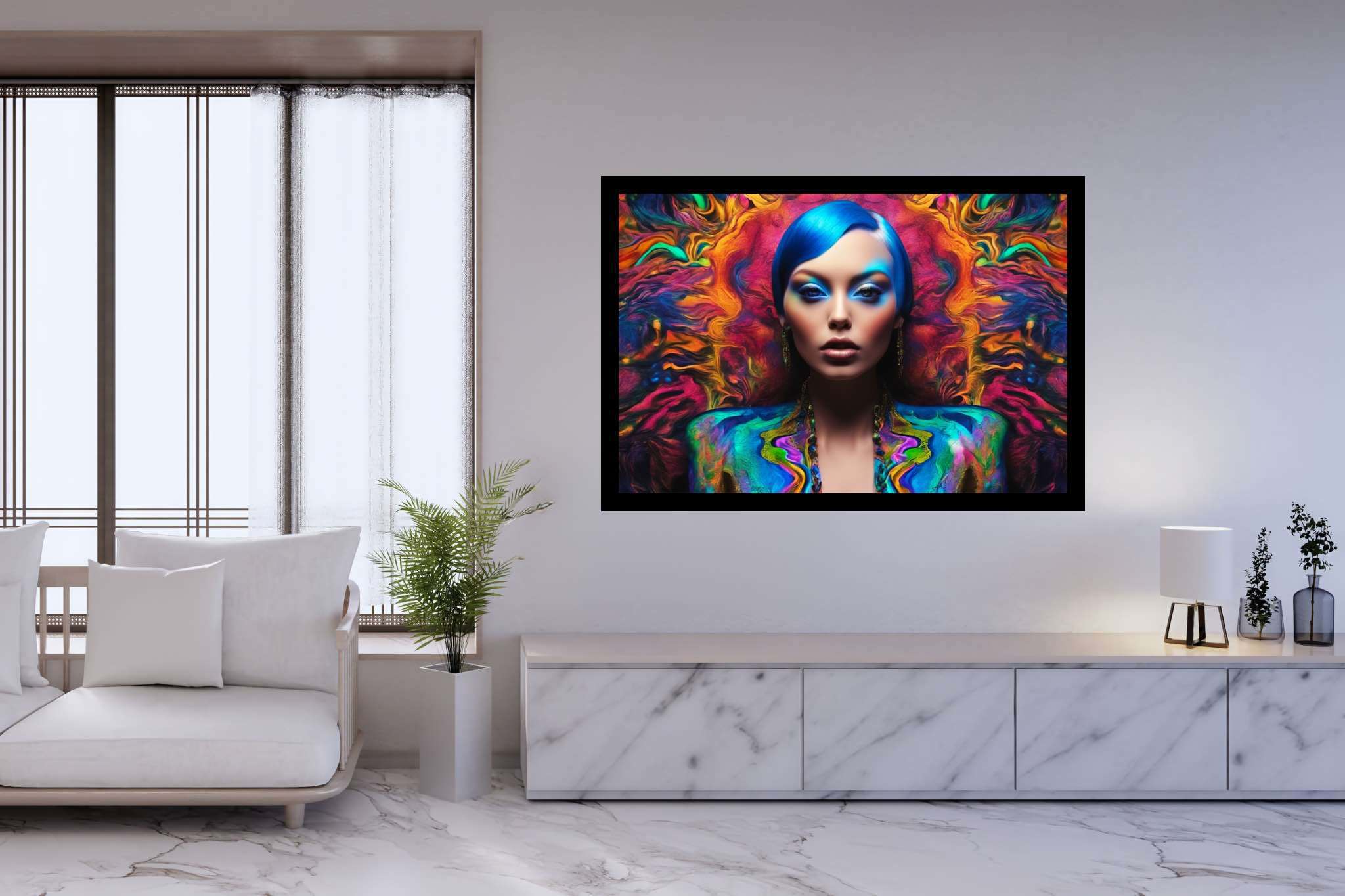 Azure muse unveiled: Vibrant art with vibrant hues, in a room with modern style, abstract paintings, and home styling items. The art can be printed on poster, framed poster, canvas, metal, acrylic or wood, exclusively at WallArtZen. Find this exact print at https://wallartzen.com/waz188