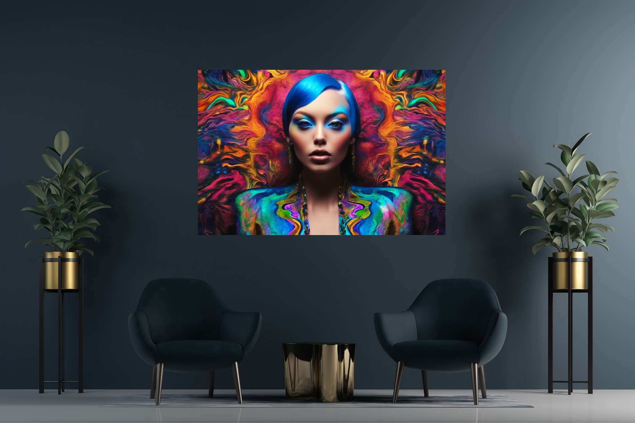 Azure muse unveiled: Vibrant art with vibrant hues, in a room with chic decor, fine art prints, and home furnishings. The art can be printed on poster, framed poster, canvas, metal, acrylic or wood, exclusively at WallArtZen. Find this exact print at https://wallartzen.com/waz188