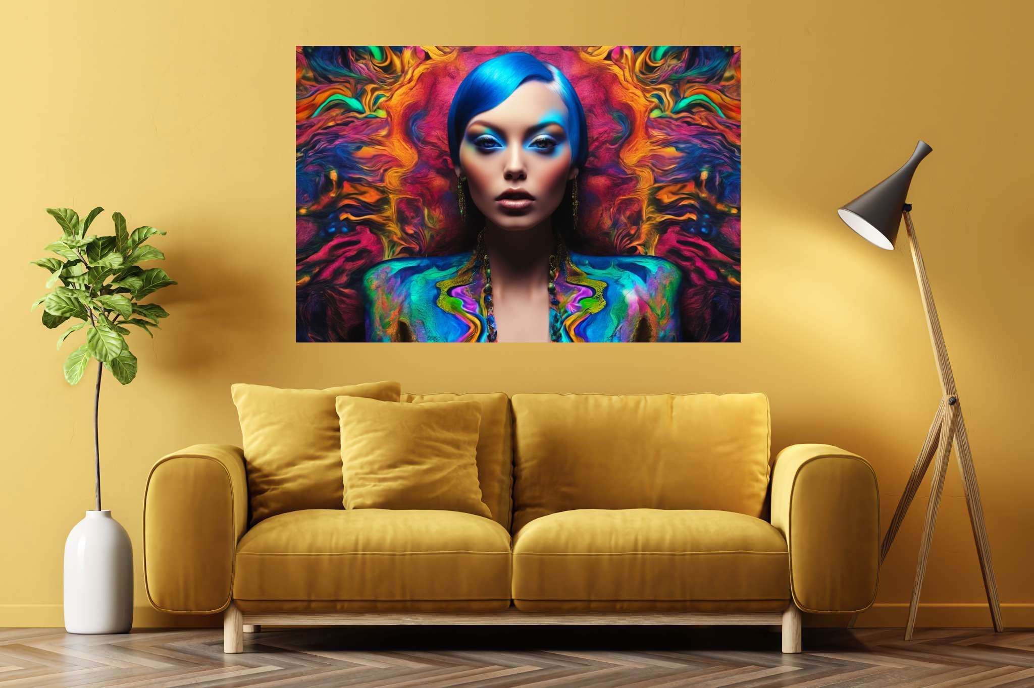 Azure muse unveiled: Vibrant art with vibrant aesthetics, in a room with modern style, photographic wall art, and trendy home accents. The art can be printed on poster, framed poster, canvas, metal, acrylic or wood, exclusively at WallArtZen. Find this exact print at https://wallartzen.com/waz188