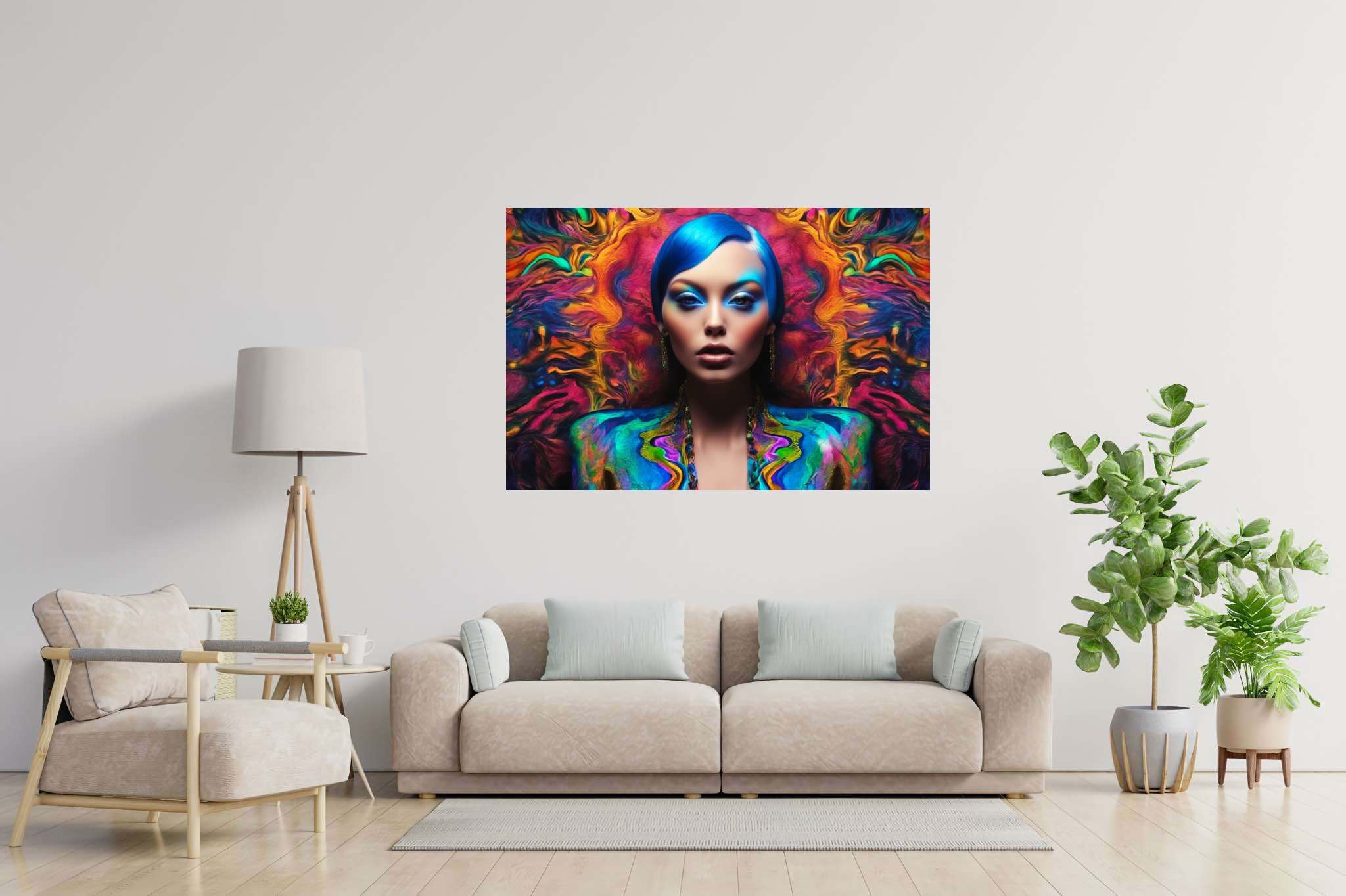 Azure muse unveiled: Vibrant art with vibrant brushstrokes, in a room with classic elegance, bespoke art designs, and home furnishings. The art can be printed on poster, framed poster, canvas, metal, acrylic or wood, exclusively at WallArtZen. Find this exact print at https://wallartzen.com/waz188