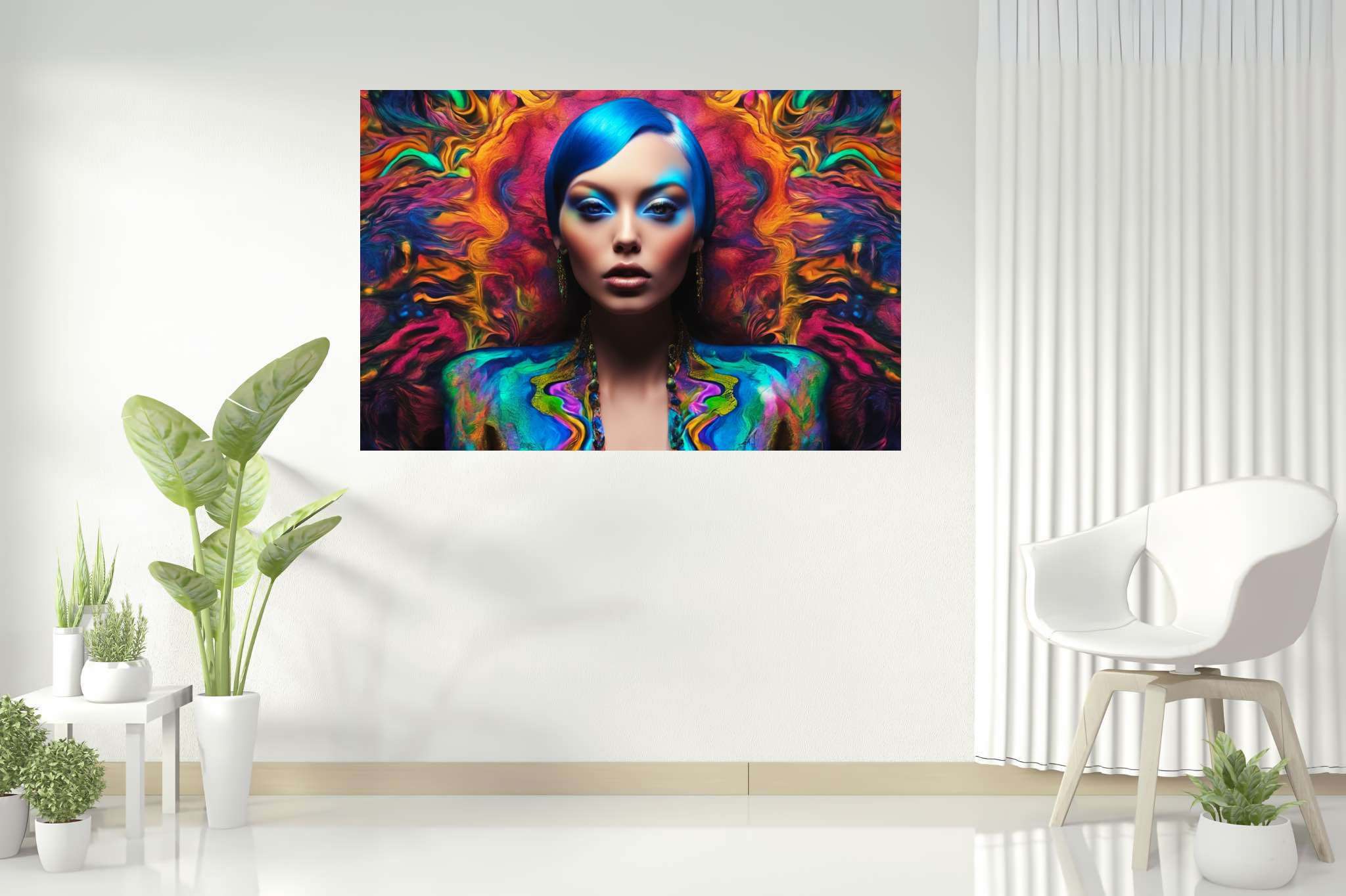 Azure muse unveiled: Vibrant art with vibrant brushstrokes, in a room with great design, framed art, and stylish accessories. The art can be printed on poster, framed poster, canvas, metal, acrylic or wood, exclusively at WallArtZen. Find this exact print at https://wallartzen.com/waz188