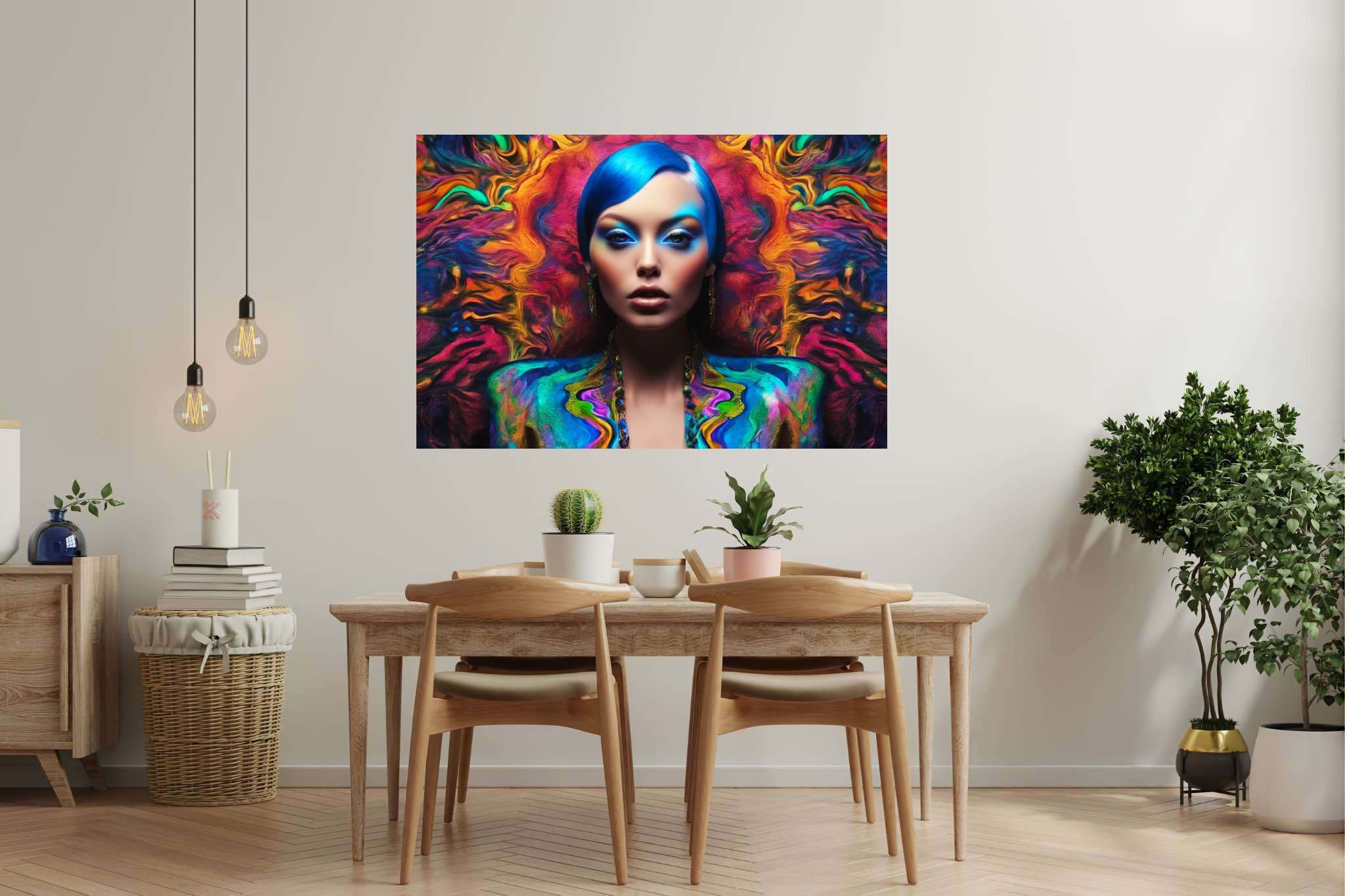Azure muse unveiled: Vibrant art with bold color palettes, in a room with urban design, canvas prints, and interior decorations. The art can be printed on poster, framed poster, canvas, metal, acrylic or wood, exclusively at WallArtZen. Find this exact print at https://wallartzen.com/waz188