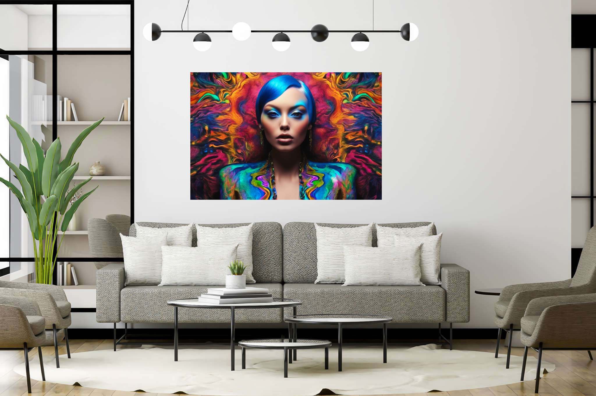 Azure muse unveiled: Vibrant art with vibrant artistry, in a room with elegant layout, wall art, and designer furniture. The art can be printed on poster, framed poster, canvas, metal, acrylic or wood, exclusively at WallArtZen. Find this exact print at https://wallartzen.com/waz188