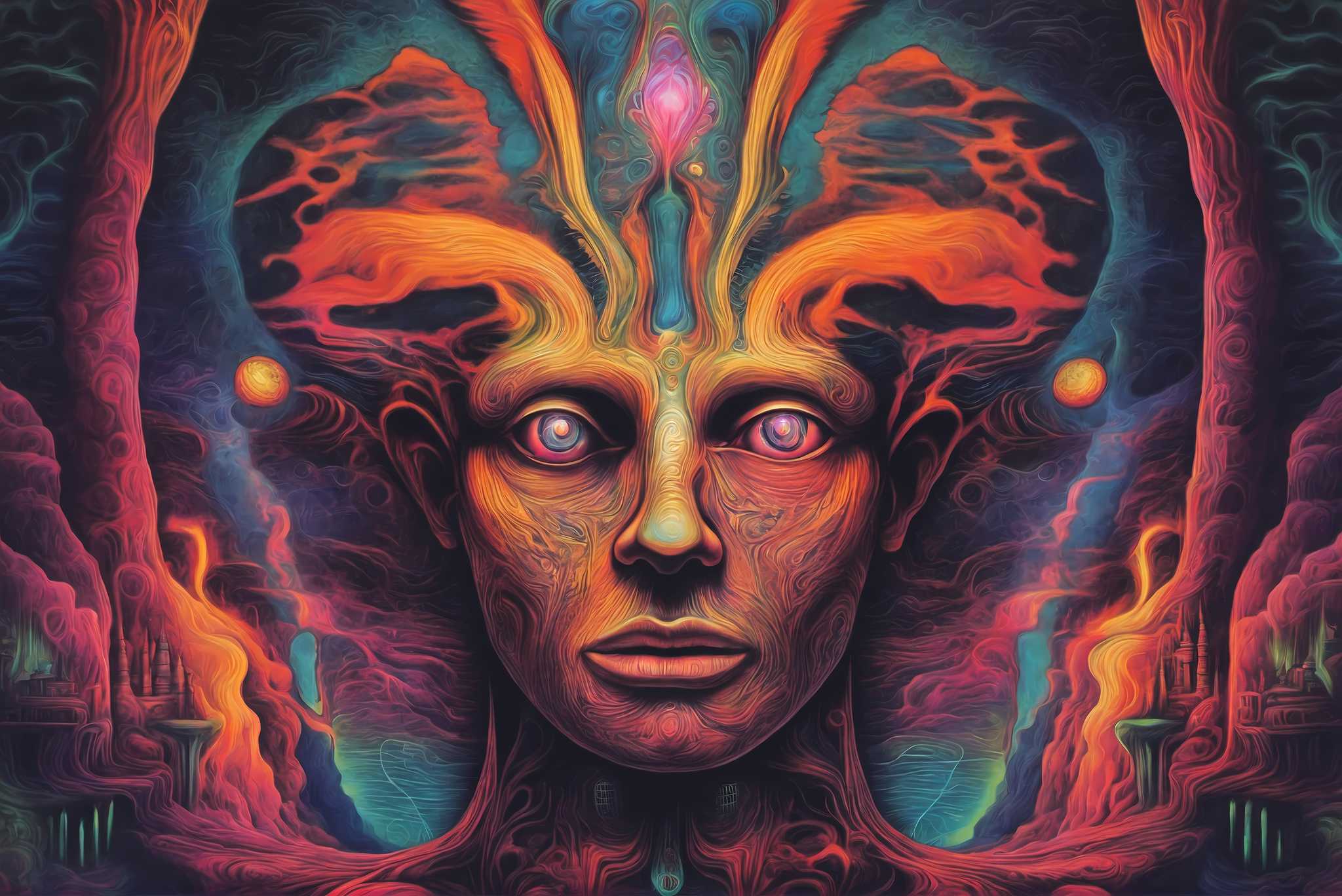 Chromatic reverie: Vibrant surreal art with dreamlike art, in a room with classic elegance, digital art pieces, and elegant home goods. The art can be printed on poster, framed poster, canvas, metal, acrylic or wood, exclusively at WallArtZen. Find this exact print at https://wallartzen.com/waz189