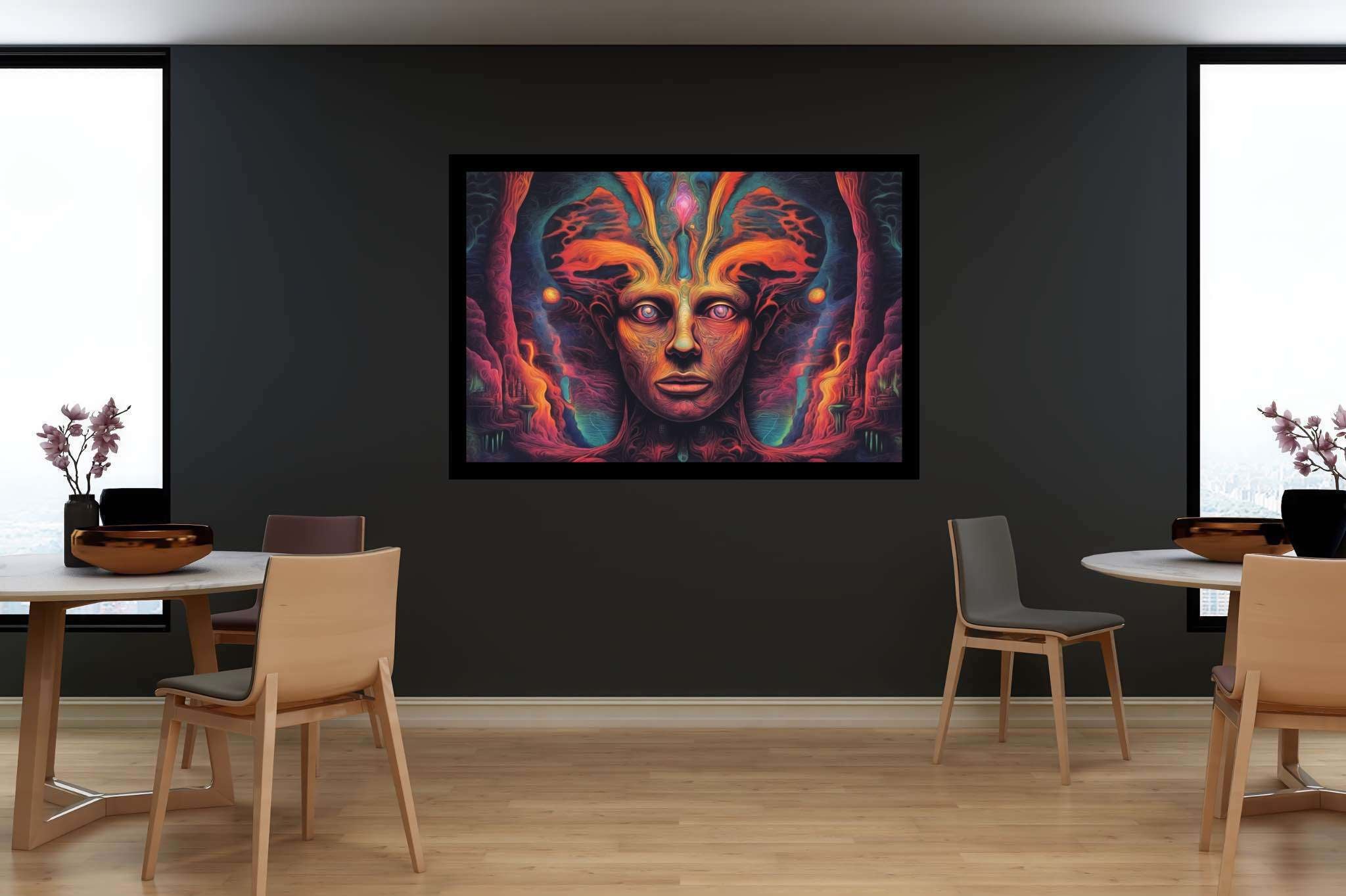 Chromatic reverie: Vibrant surreal art with abstract paintings, in a room with innovative layout, mural artworks, and home furnishings. The art can be printed on poster, framed poster, canvas, metal, acrylic or wood, exclusively at WallArtZen. Find this exact print at https://wallartzen.com/waz189