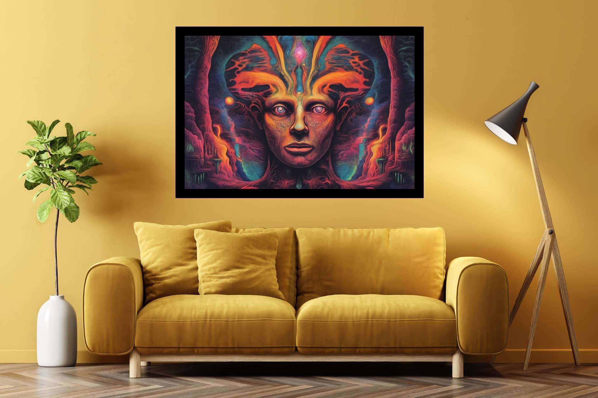 Chromatic reverie: Vibrant surreal art with dreamlike art, in a room with classic elegance, mural artworks, and decorative pieces. The art can be printed on poster, framed poster, canvas, metal, acrylic or wood, exclusively at WallArtZen. Find this exact print at https://wallartzen.com/waz189