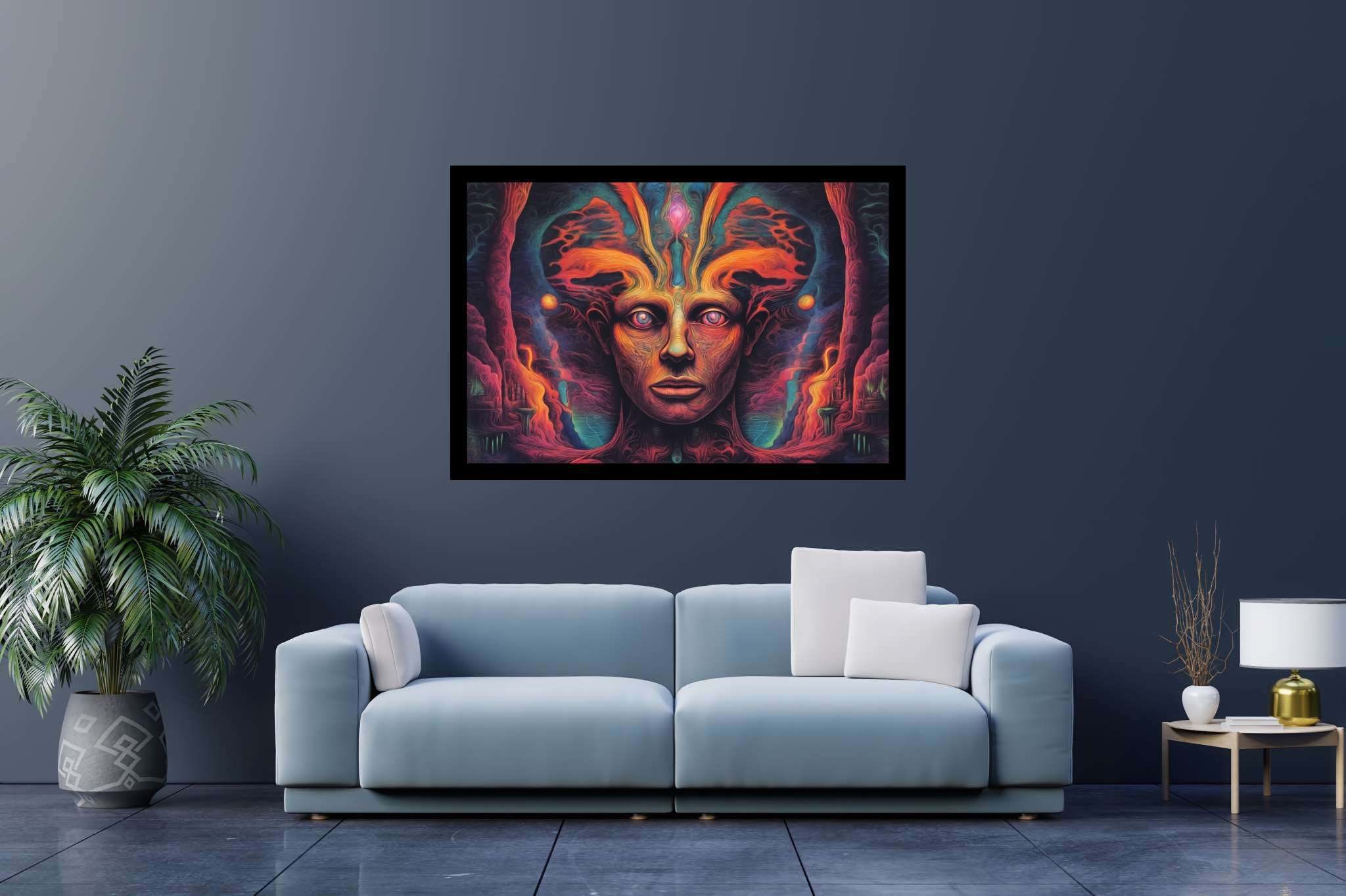 Chromatic reverie: Vibrant surreal art with colorful artwork, in a room with innovative layout, wall hangings, and interior decorations. The art can be printed on poster, framed poster, canvas, metal, acrylic or wood, exclusively at WallArtZen. Find this exact print at https://wallartzen.com/waz189