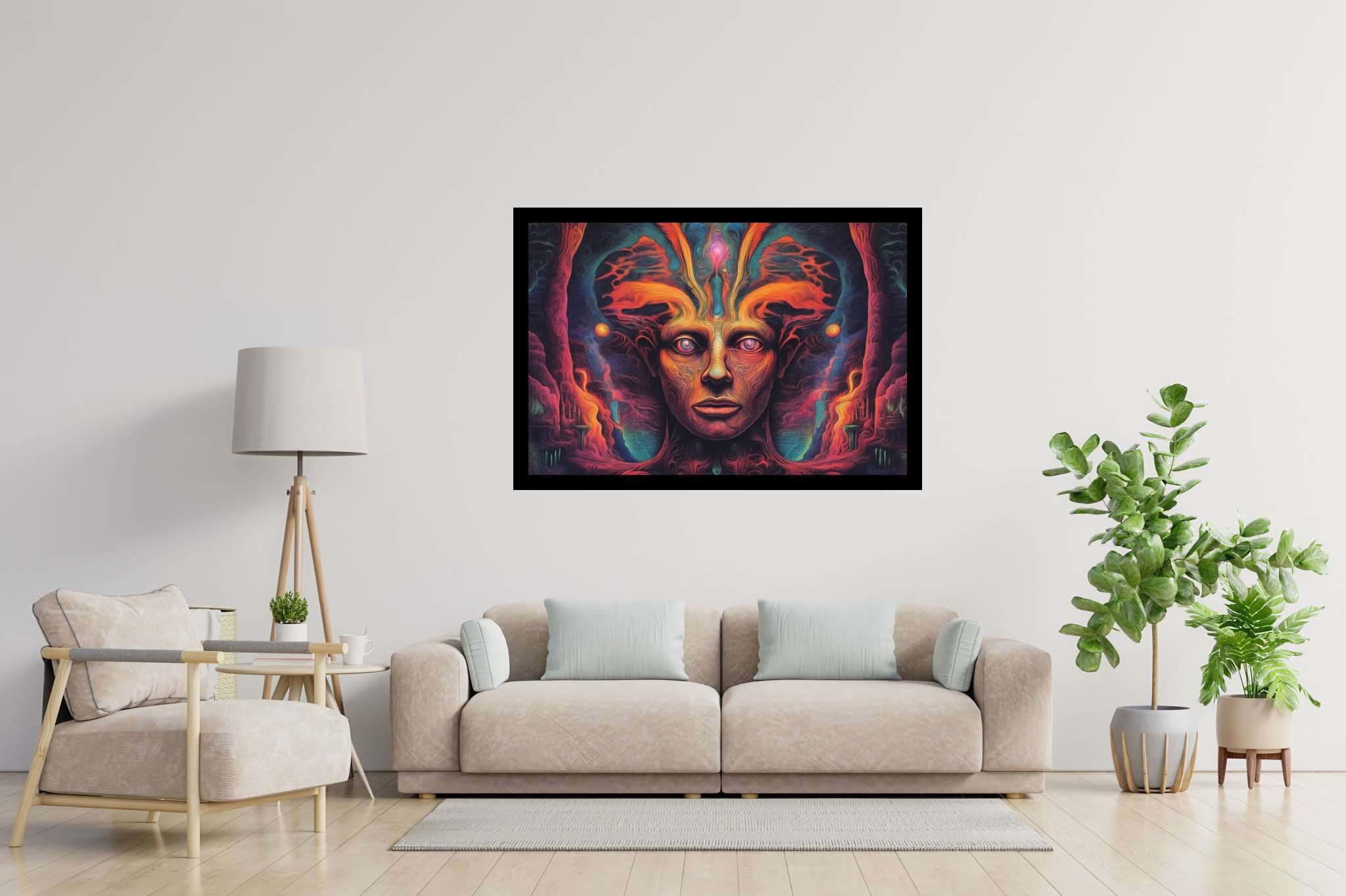 Chromatic reverie: Vibrant surreal art with colorful paintings, in a room with artistic style, mural artworks, and stylish accessories. The art can be printed on poster, framed poster, canvas, metal, acrylic or wood, exclusively at WallArtZen. Find this exact print at https://wallartzen.com/waz189