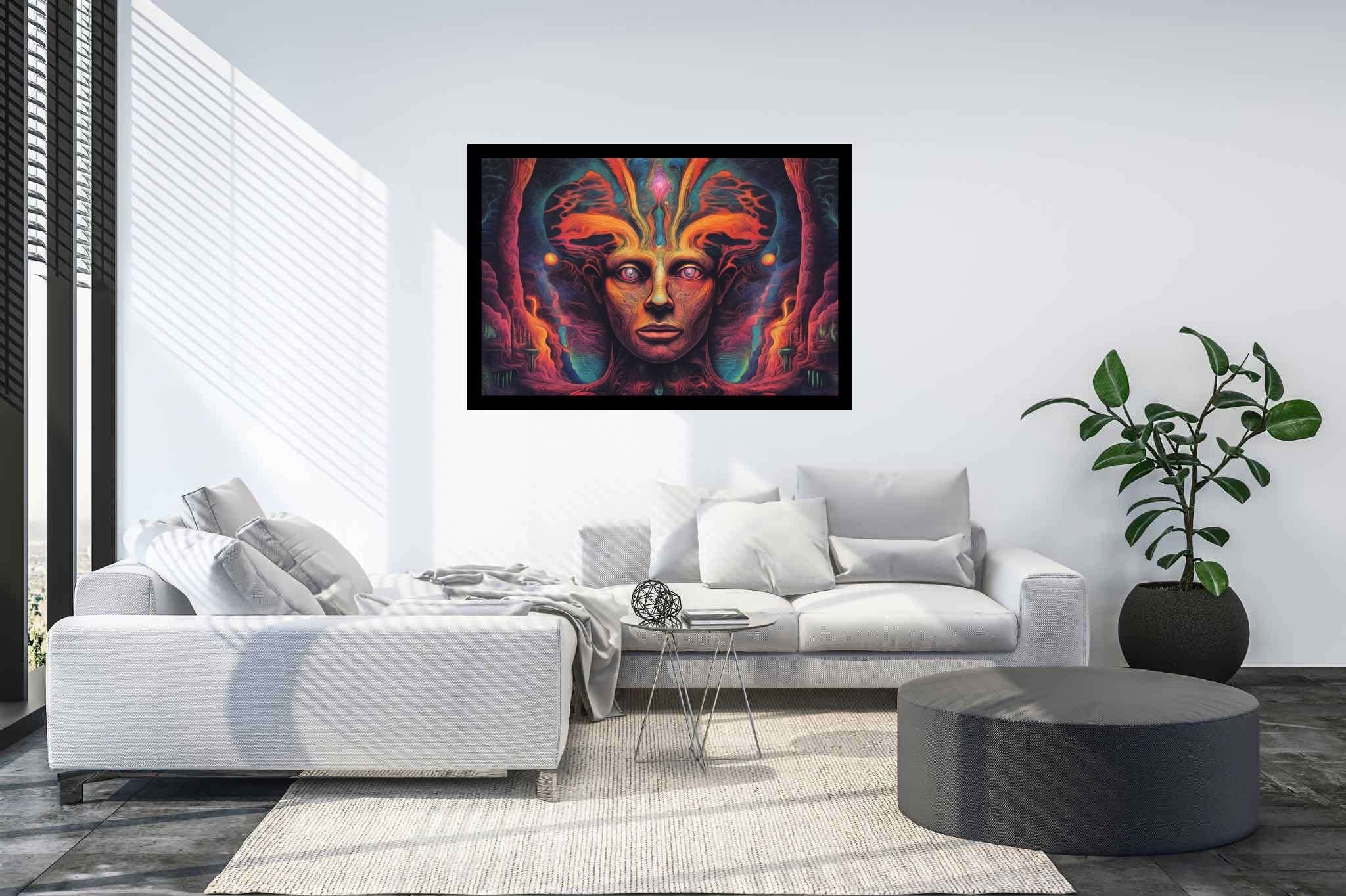 Chromatic reverie: Vibrant surreal art with dreamlike artwork, in a room with great design, fine art prints, and luxe decor. The art can be printed on poster, framed poster, canvas, metal, acrylic or wood, exclusively at WallArtZen. Find this exact print at https://wallartzen.com/waz189