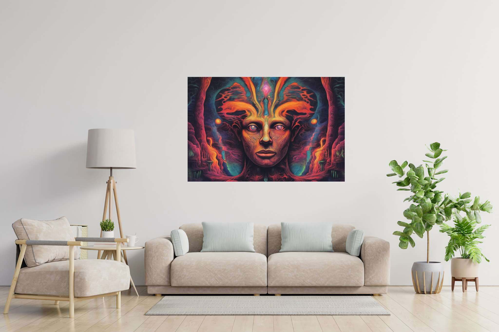 Chromatic reverie: Vibrant surreal art with abstract art, in a room with innovative layout, fine art prints, and designer furniture. The art can be printed on poster, framed poster, canvas, metal, acrylic or wood, exclusively at WallArtZen. Find this exact print at https://wallartzen.com/waz189
