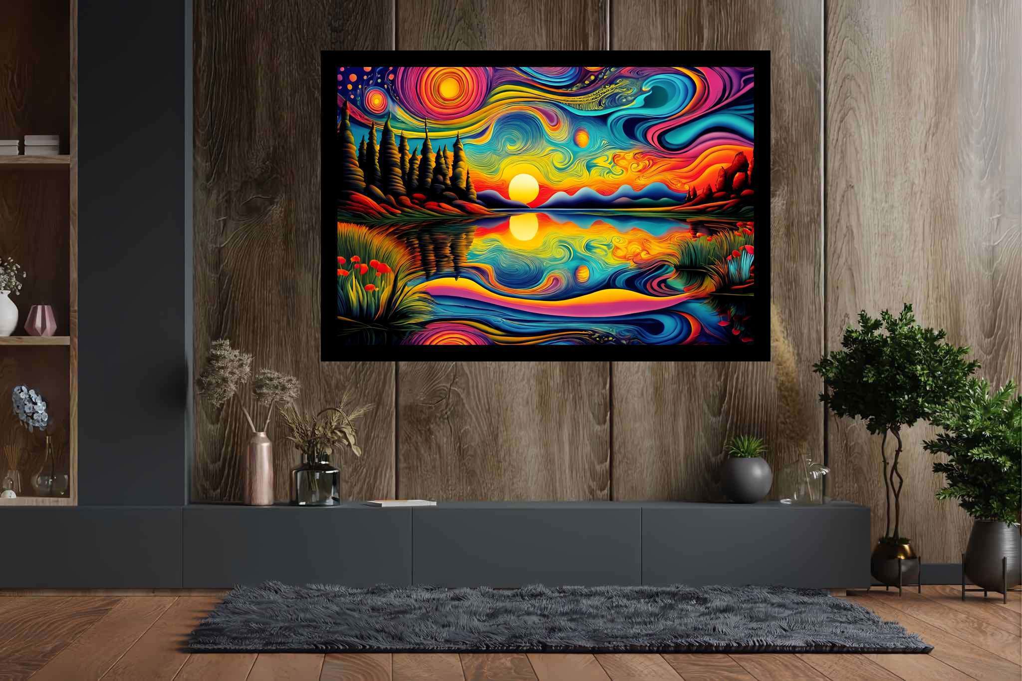 Crimson ballet at dusk: Sunset art with coastal landscape, in a room with minimalist approach, gallery-quality artwork, and home styling items. The art can be printed on poster, framed poster, canvas, metal, acrylic or wood, exclusively at WallArtZen. Find this exact print at https://wallartzen.com/waz18