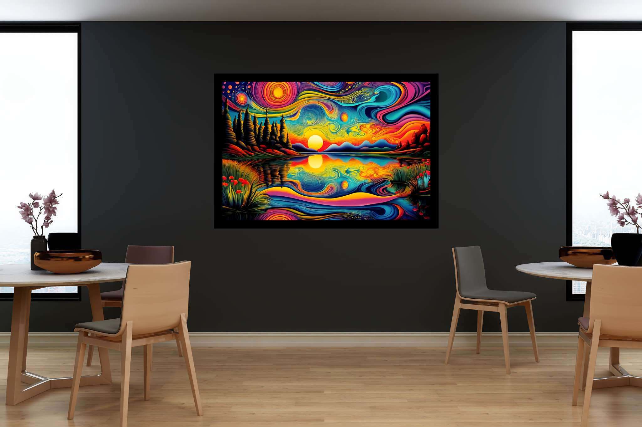 Crimson ballet at dusk: Sunset art with art inspiration, in a room with classic elegance, digital art pieces, and luxe decor. The art can be printed on poster, framed poster, canvas, metal, acrylic or wood, exclusively at WallArtZen. Find this exact print at https://wallartzen.com/waz18
