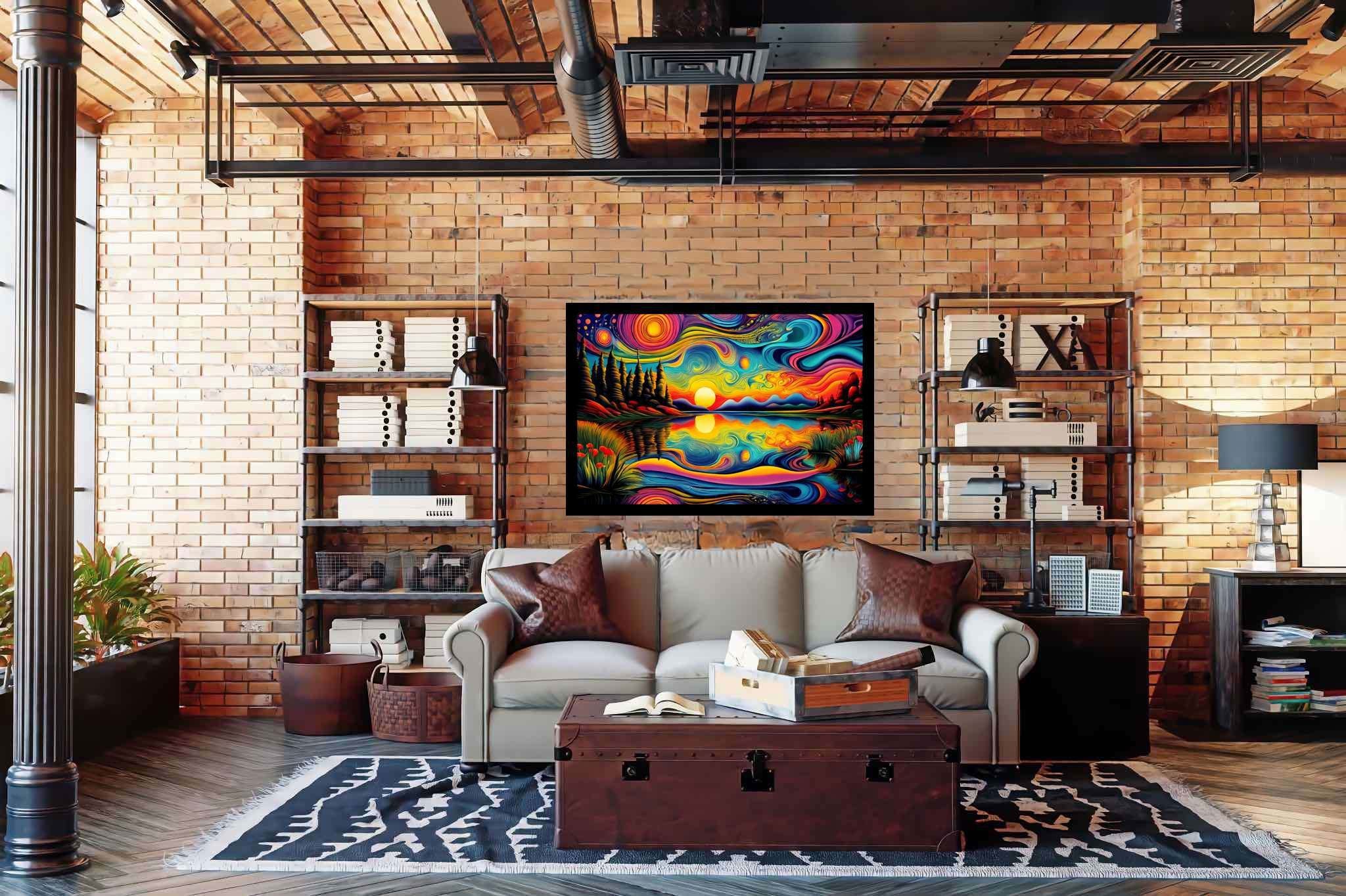 Crimson ballet at dusk: Sunset art with nature painting, in a room with contemporary flair, wall hangings, and interior decorations. The art can be printed on poster, framed poster, canvas, metal, acrylic or wood, exclusively at WallArtZen. Find this exact print at https://wallartzen.com/waz18