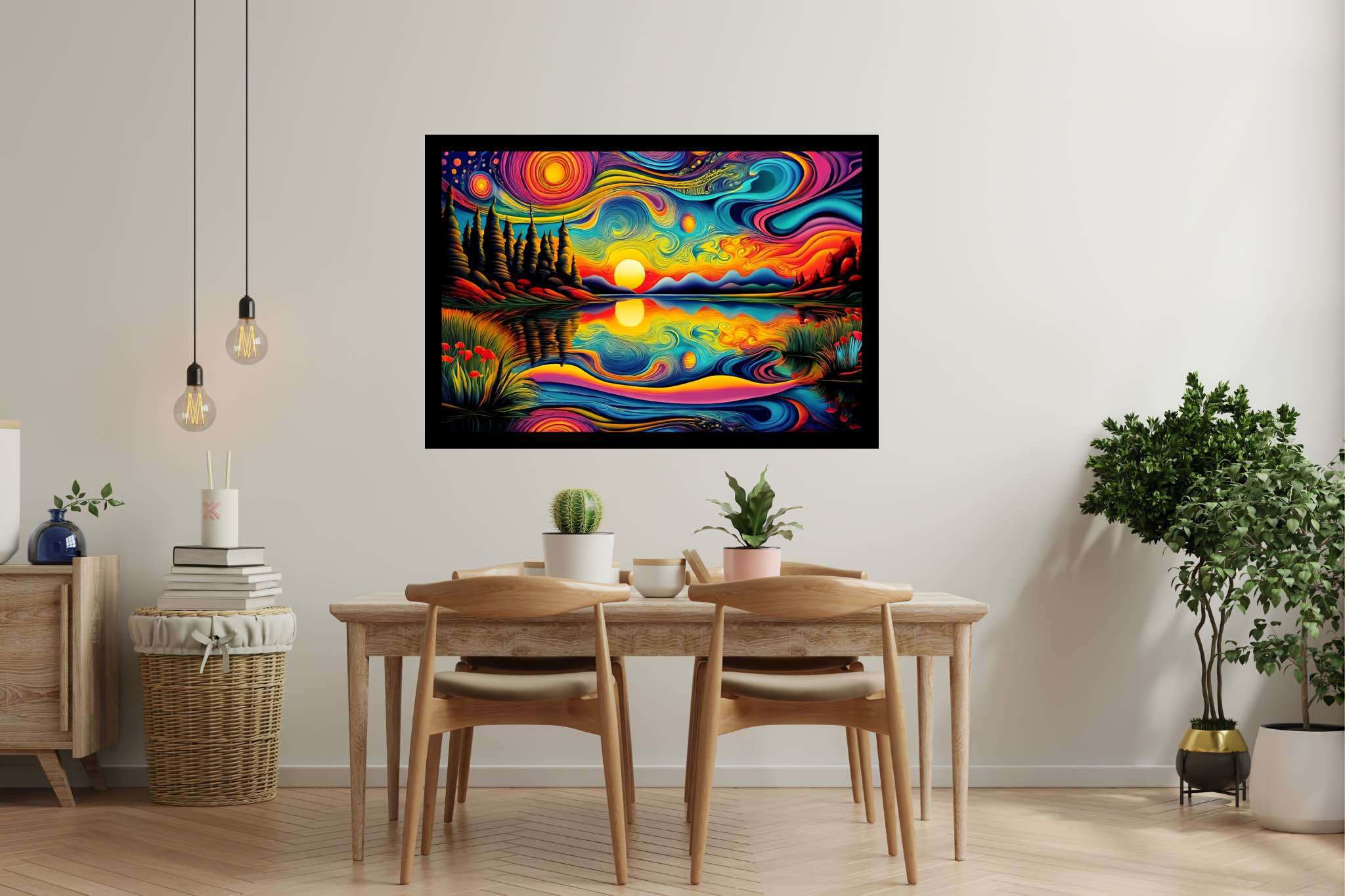 Crimson ballet at dusk: Sunset art with atmospheric sunset, in a room with modern style, fine art prints, and decorative pieces. The art can be printed on poster, framed poster, canvas, metal, acrylic or wood, exclusively at WallArtZen. Find this exact print at https://wallartzen.com/waz18